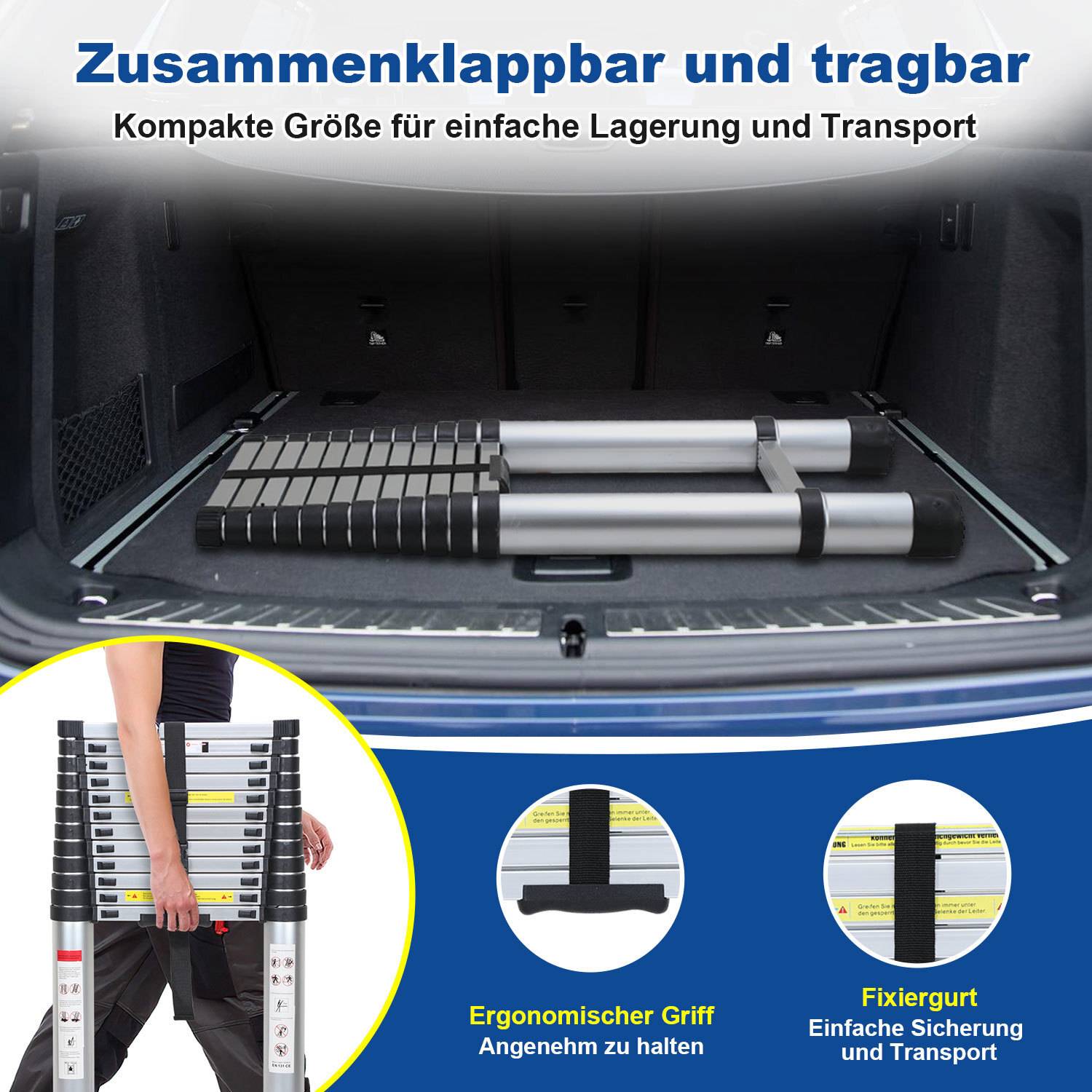 Aluminium Teleskopleiter 5M, Leiter Ausziehbar, Klappleiter, Mehrzweckleiter, Stehleiter, Haushaltsleiter, Außenleiter, 150 kg Belastbarkeit