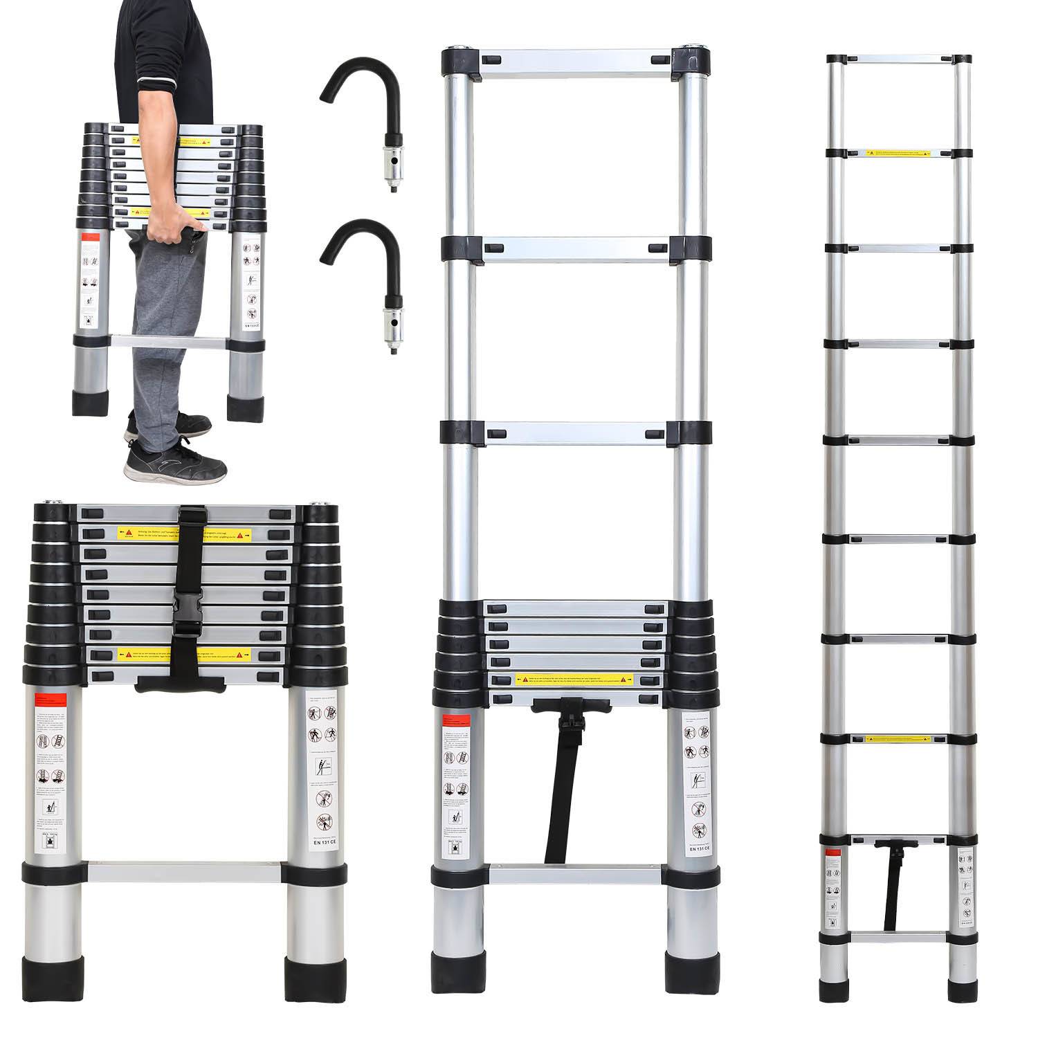 Aluminium Teleskopleiter 2,6M Silber, Leiter Ausziehbar mit Abnehmbaren Haken, Klappleiter, Mehrzweckleiter, Stehleiter, Haushaltsleiter