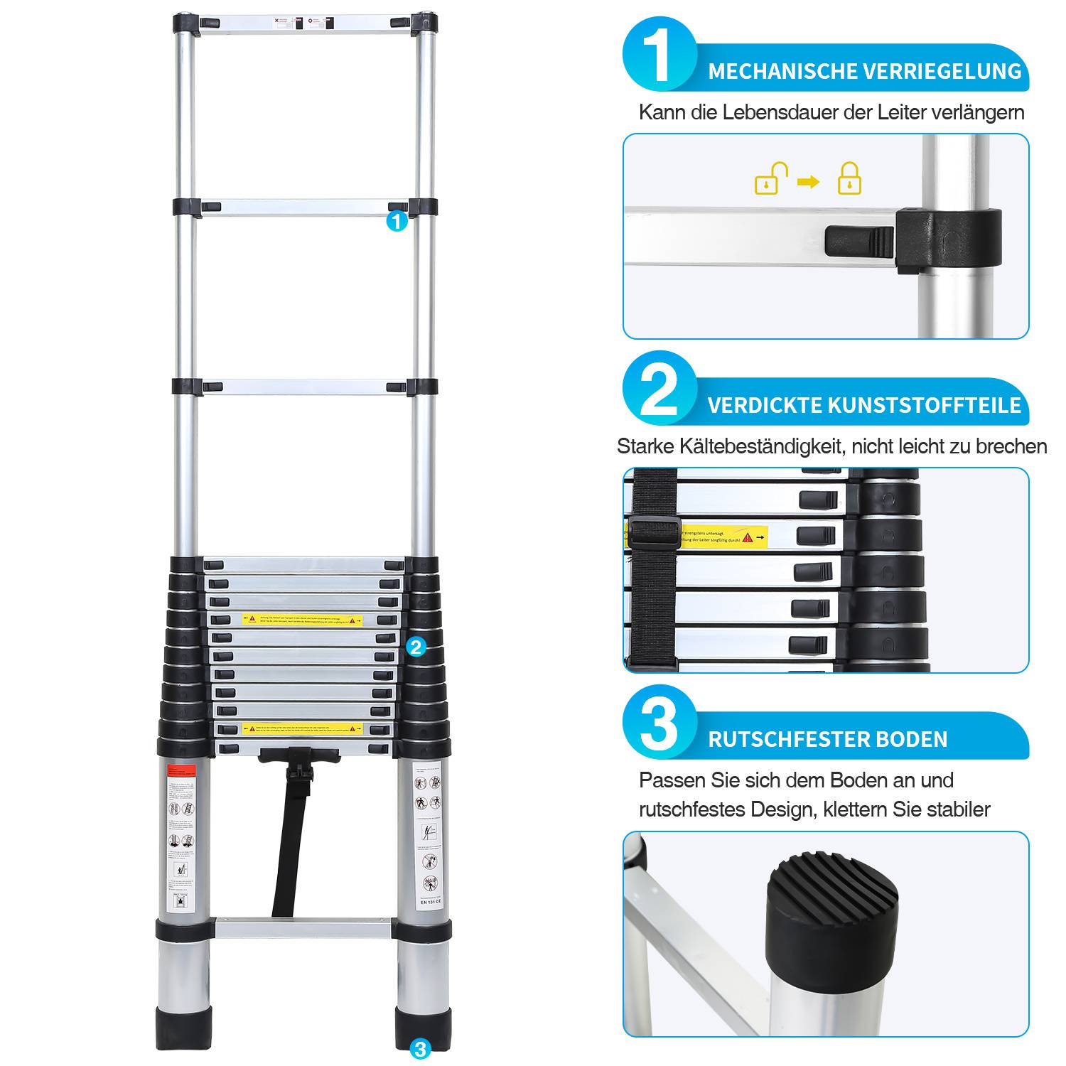 Aluminium Teleskopleiter 3,8M Silber, Leiter Ausziehbar mit Abnehmbaren Haken, Klappleiter, Mehrzweckleiter, Stehleiter, Haushaltsleiter