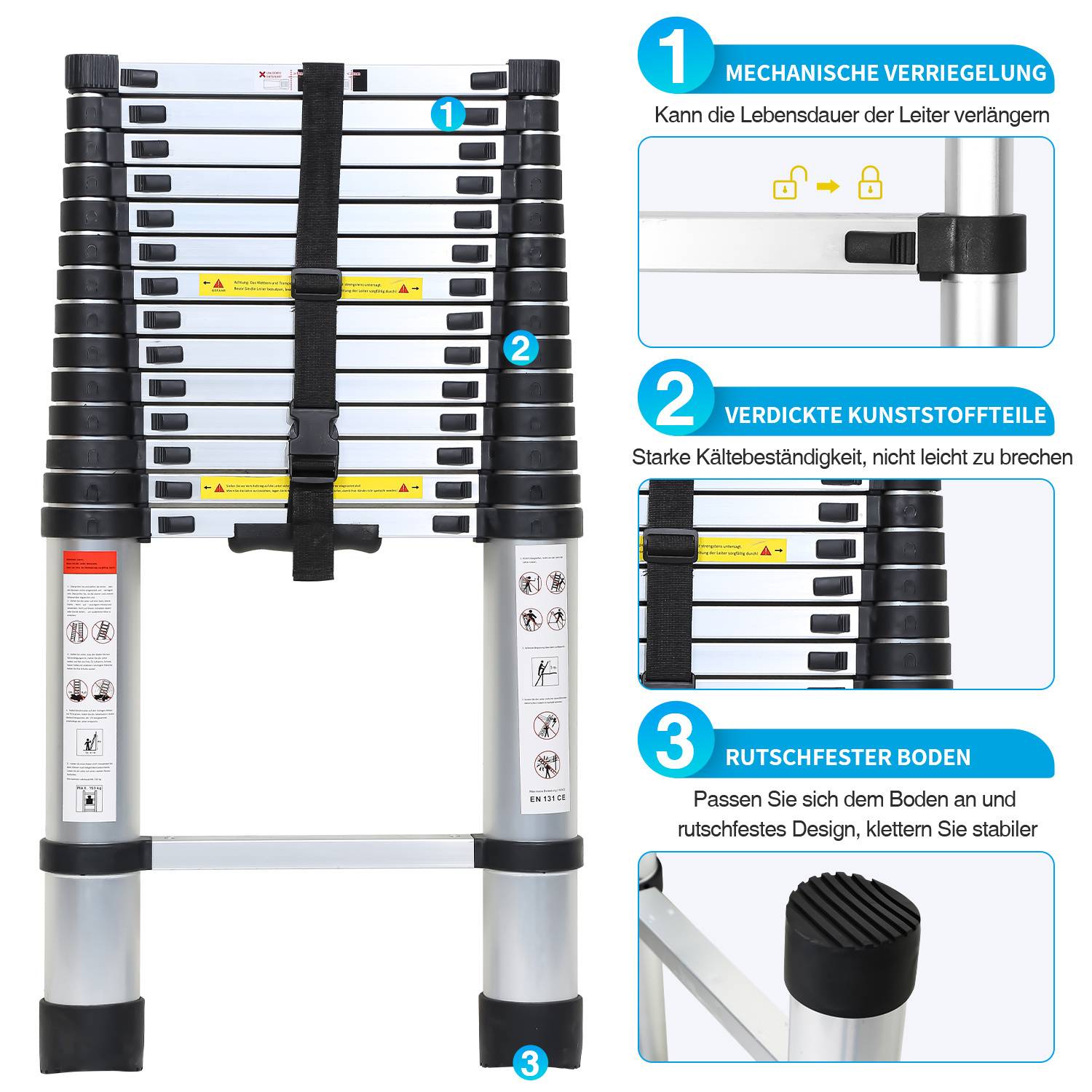 Premium Alu Teleskopleiter Ausziehleiter Klappleiter Höhe 2,6M Silber Antirutsch Mehrzweckleiter mit Abnehmbaren Haken