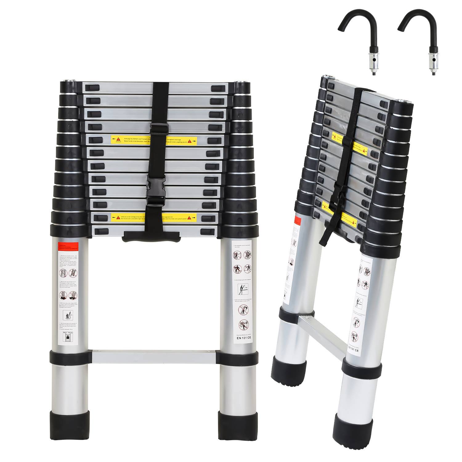 Aluminium Teleskopleiter 3,8M Silber, Leiter Ausziehbar mit Abnehmbaren Haken, Klappleiter, Mehrzweckleiter, Stehleiter, Haushaltsleiter