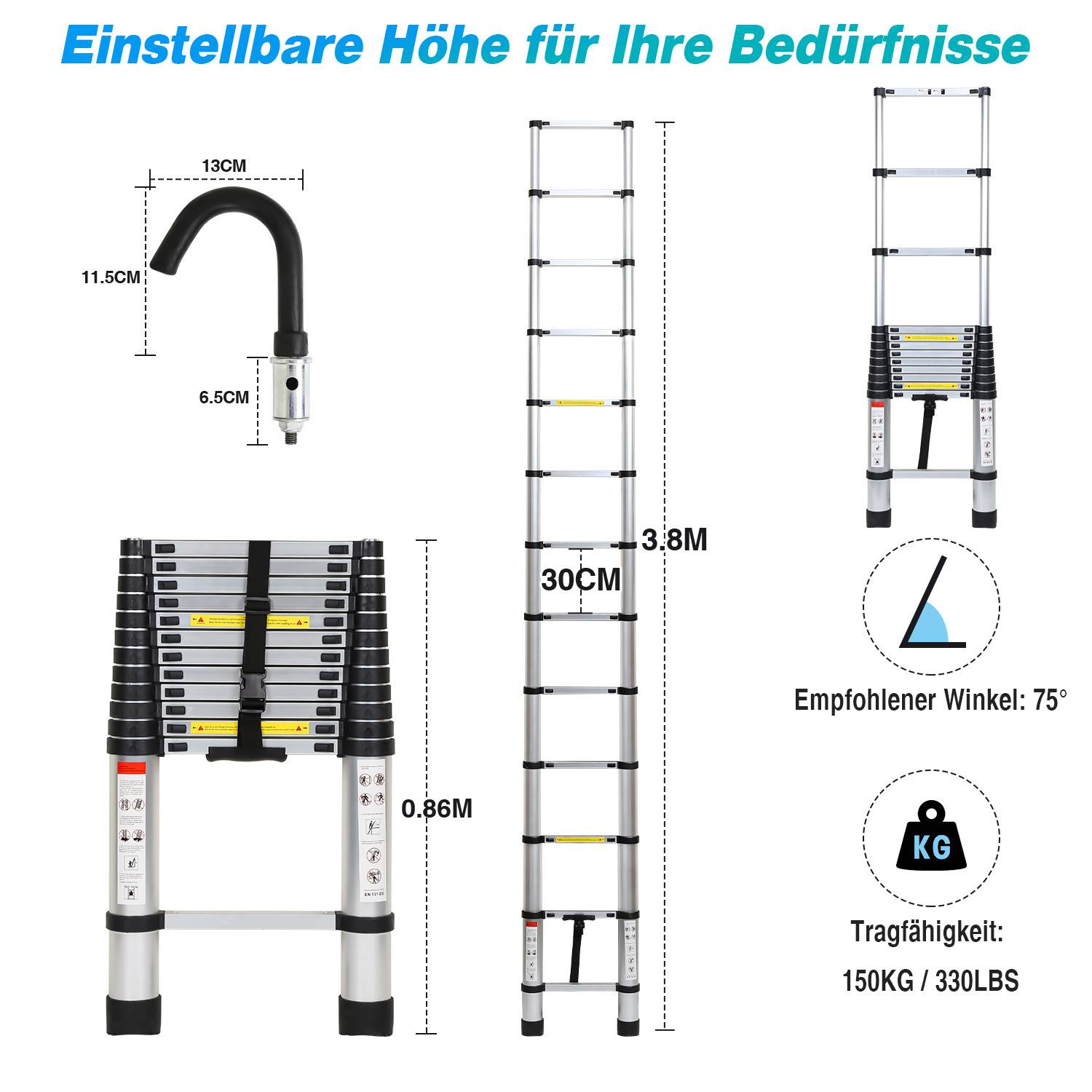 Profi Teleskopleiter 3,8M Silber Aluminium 150kg Tragkraft Mehrzweckleiter rutschfeste Gummifüße mit Abnehmbaren Haken