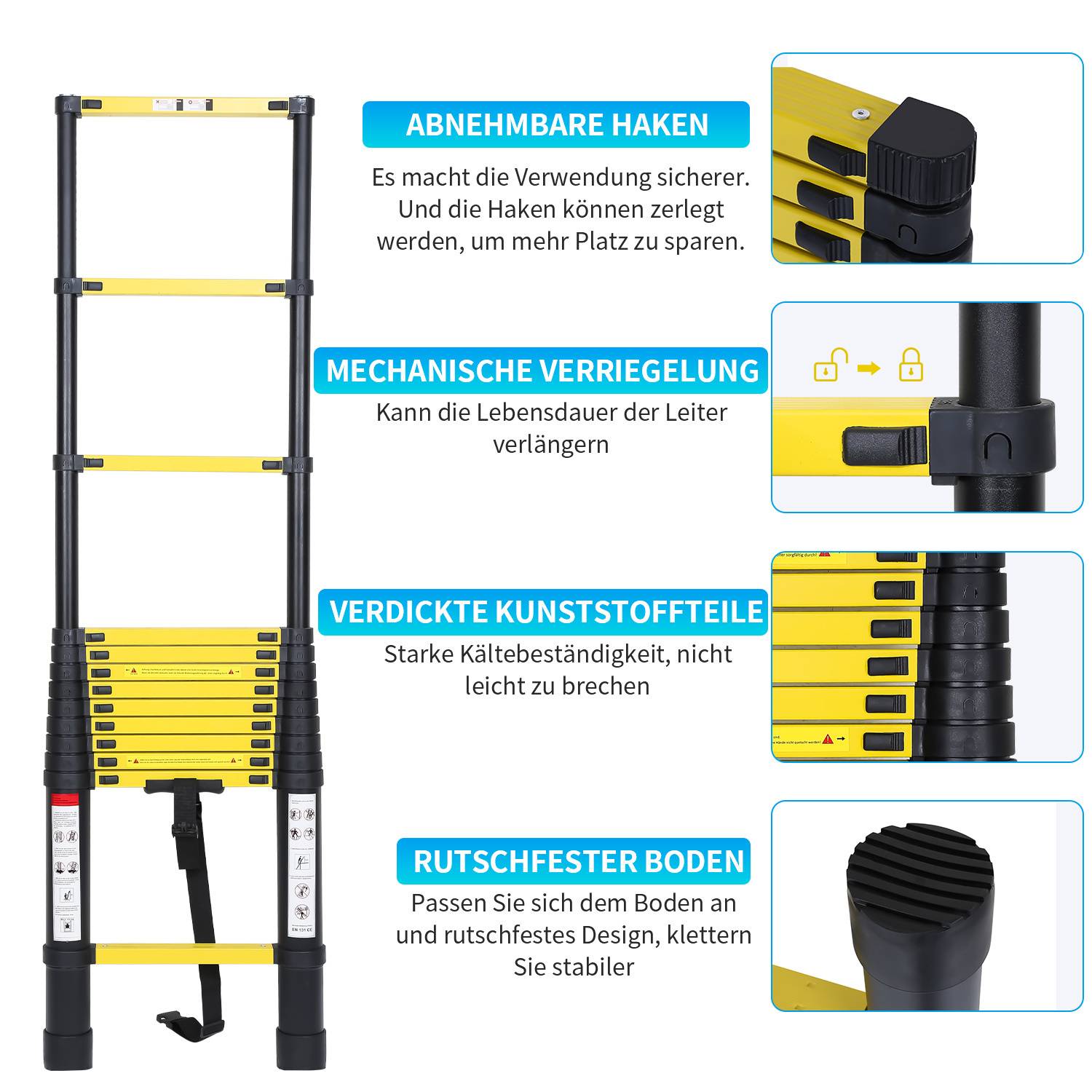 Aluminium Teleskopleiter 4,4M schwarz, Leiter Ausziehbar mit Abnehmbaren Haken, Klappleiter, Mehrzweckleiter, Stehleiter, Haushaltsleiter