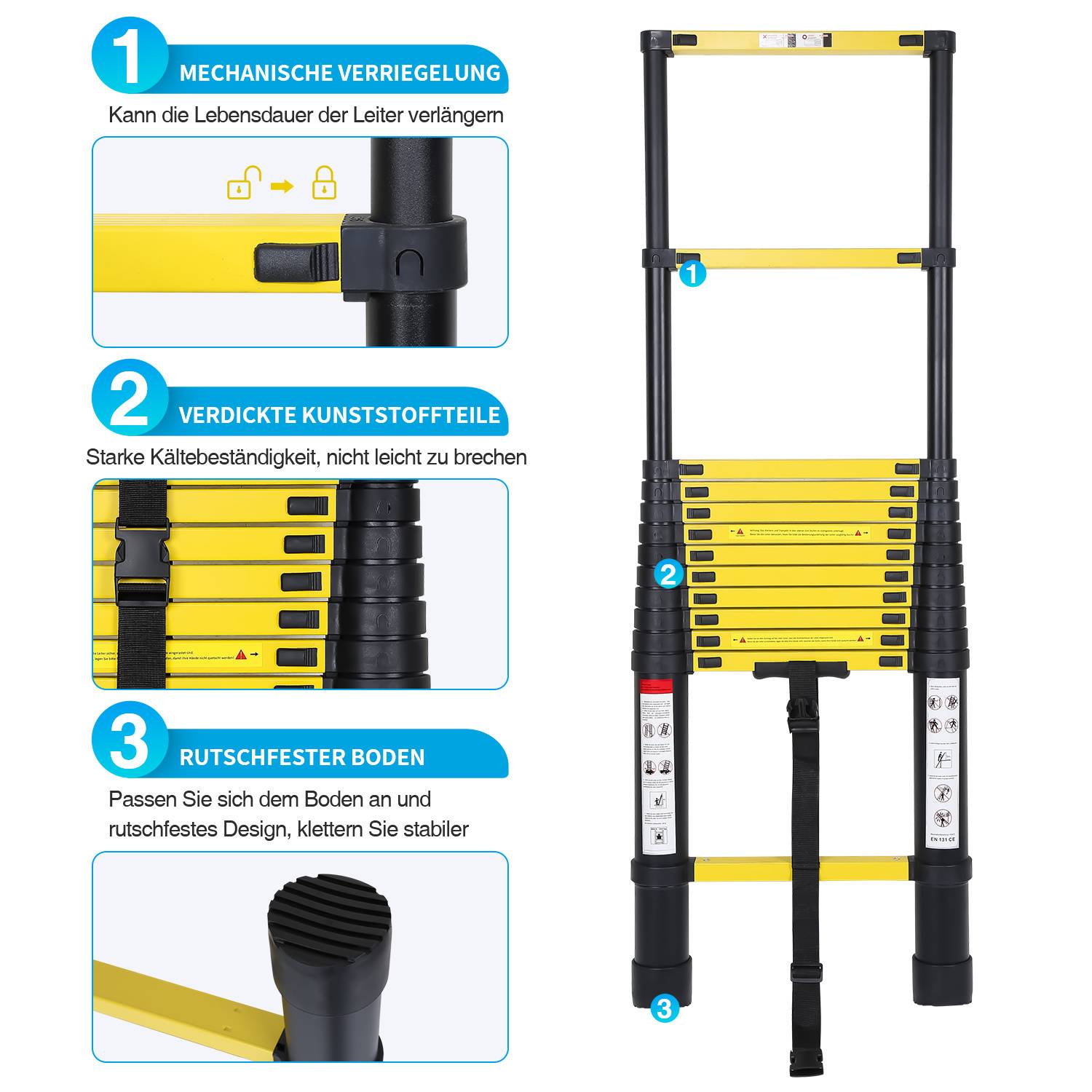 Premium Alu Teleskopleiter Ausziehleiter Klappleiter Höhe 4,4M schwarz Antirutsch Mehrzweckleiter mit Abnehmbaren Haken