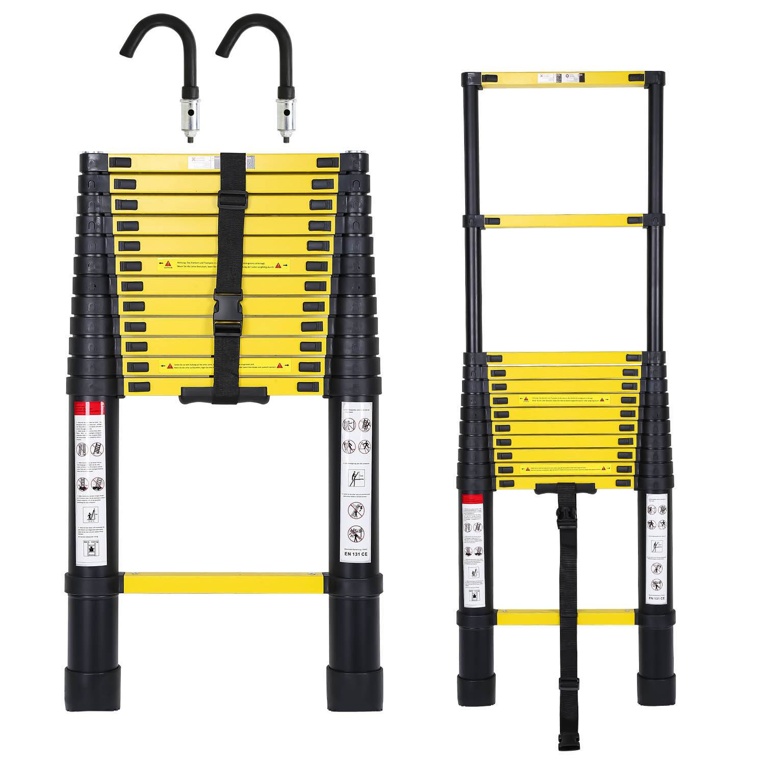 Aluminium Teleskopleiter 3,8M schwarz, Leiter Ausziehbar mit Abnehmbaren Haken, Klappleiter, Mehrzweckleiter, Stehleiter, Haushaltsleiter