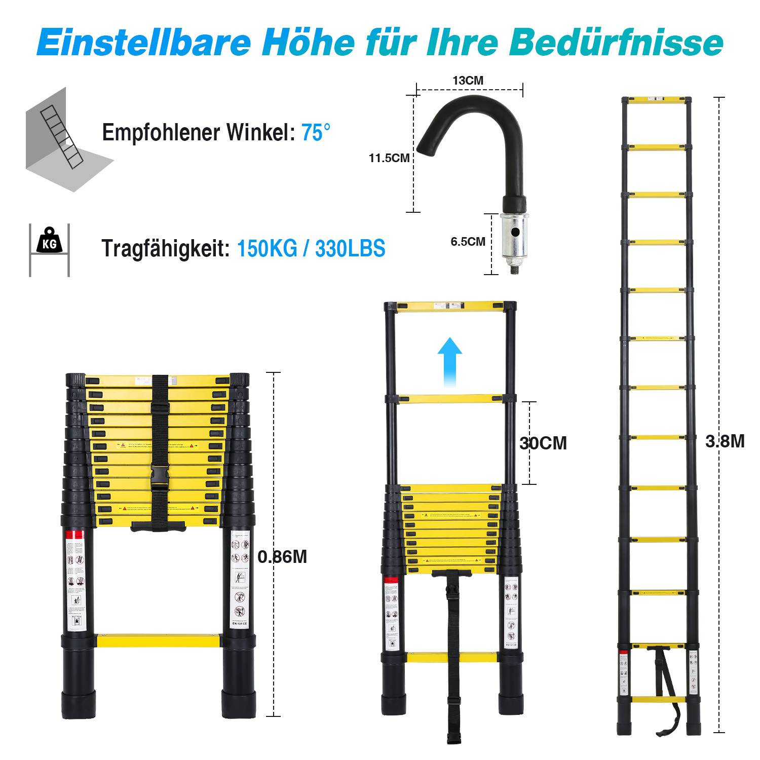 Profi Teleskopleiter 3,8M schwarz Aluminium 150kg Tragkraft Mehrzweckleiter rutschfeste Gummifüße mit Abnehmbaren Haken