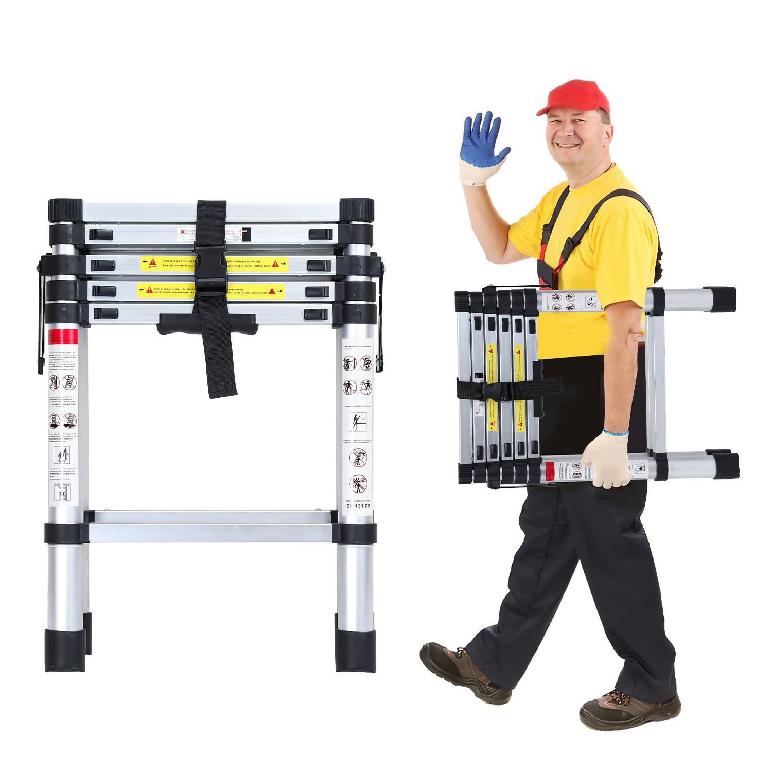 Aluminium Teleskopleiter 1,7M Silber, Leiter Ausziehbar Klappleiter, Mehrzweckleiter, Stehleiter, Haushaltsleiter, Außenleiter, 150 kg Belastbarkeit