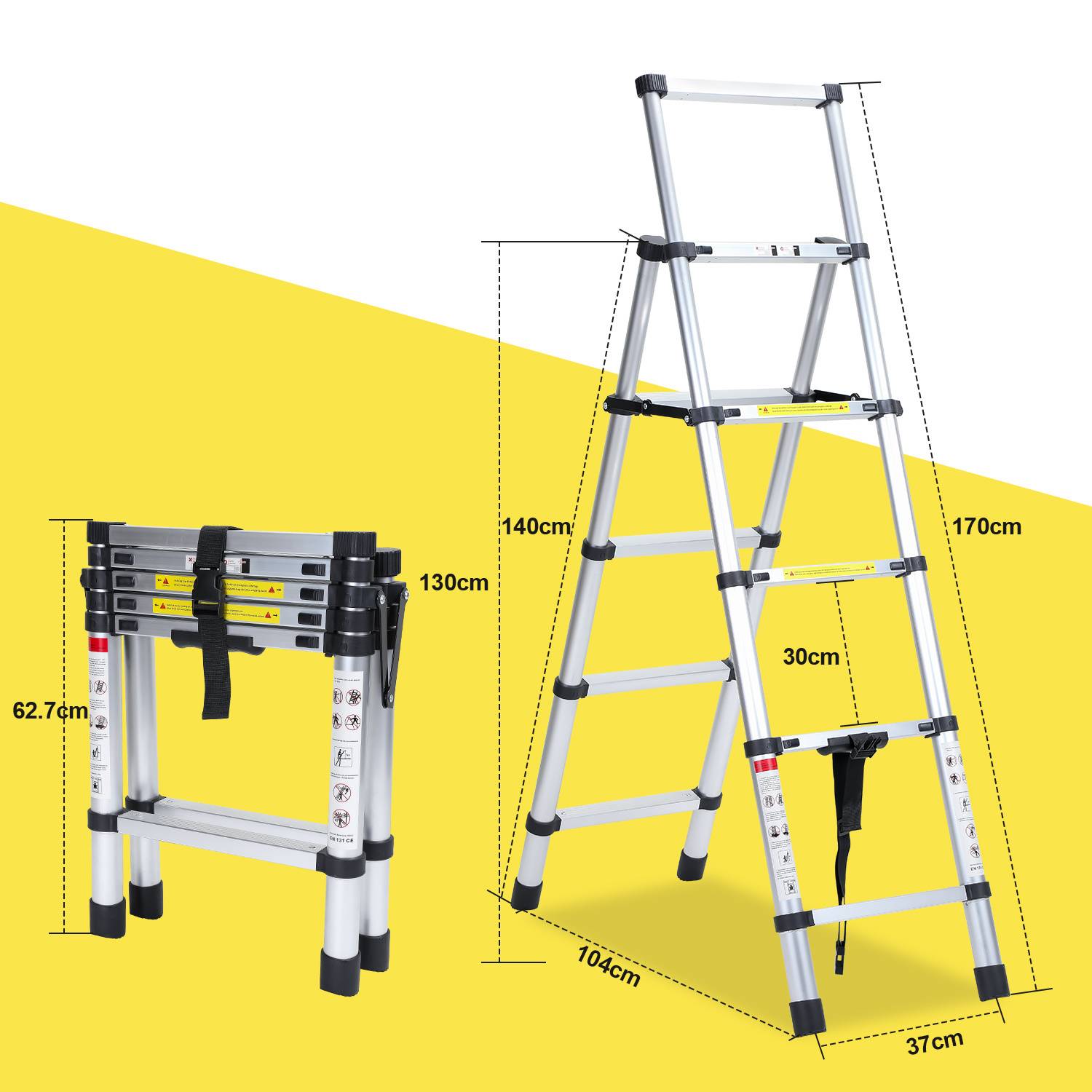 Aluminium Teleskopleiter 1,7M Silber, Leiter Ausziehbar Klappleiter, Mehrzweckleiter, Stehleiter, Haushaltsleiter, Außenleiter, 150 kg Belastbarkeit