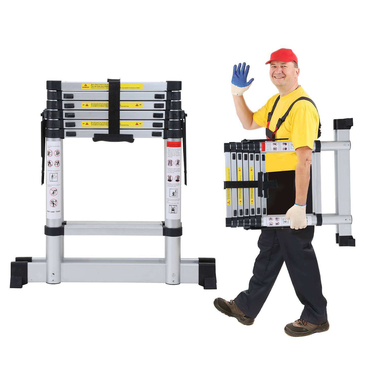 Aluminium Teleskopleiter 2,0M Silber, Leiter Ausziehbar Klappleiter, Mehrzweckleiter, Stehleiter, Haushaltsleiter, Außenleiter, 150 kg Belastbarkeit