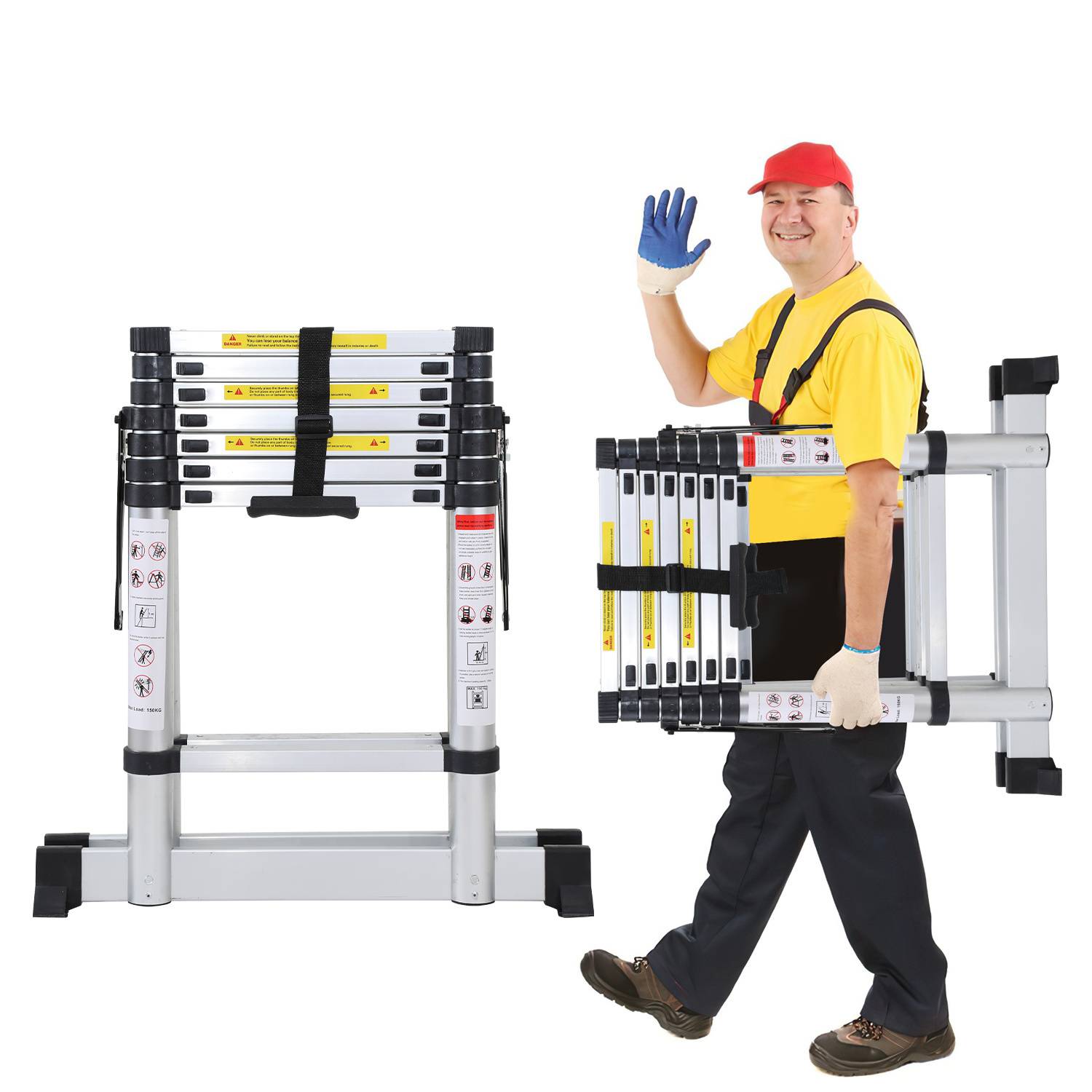 Aluminium Teleskopleiter 2,3M Silber, Leiter Ausziehbar Klappleiter, Mehrzweckleiter, Stehleiter, Haushaltsleiter, Außenleiter, 150 kg Belastbarkeit