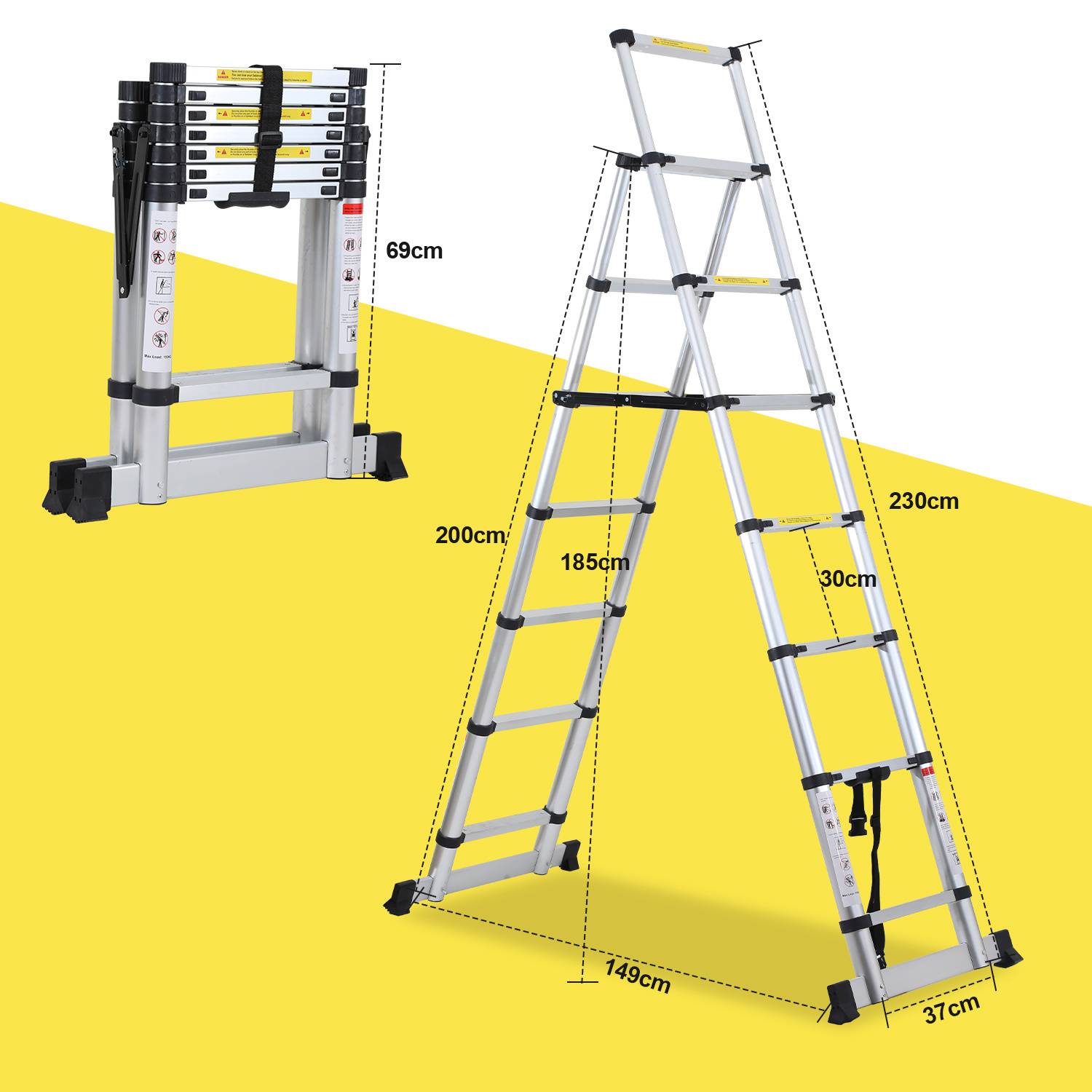 Aluminium Teleskopleiter 2,3M Silber, Leiter Ausziehbar Klappleiter, Mehrzweckleiter, Stehleiter, Haushaltsleiter, Außenleiter, 150 kg Belastbarkeit