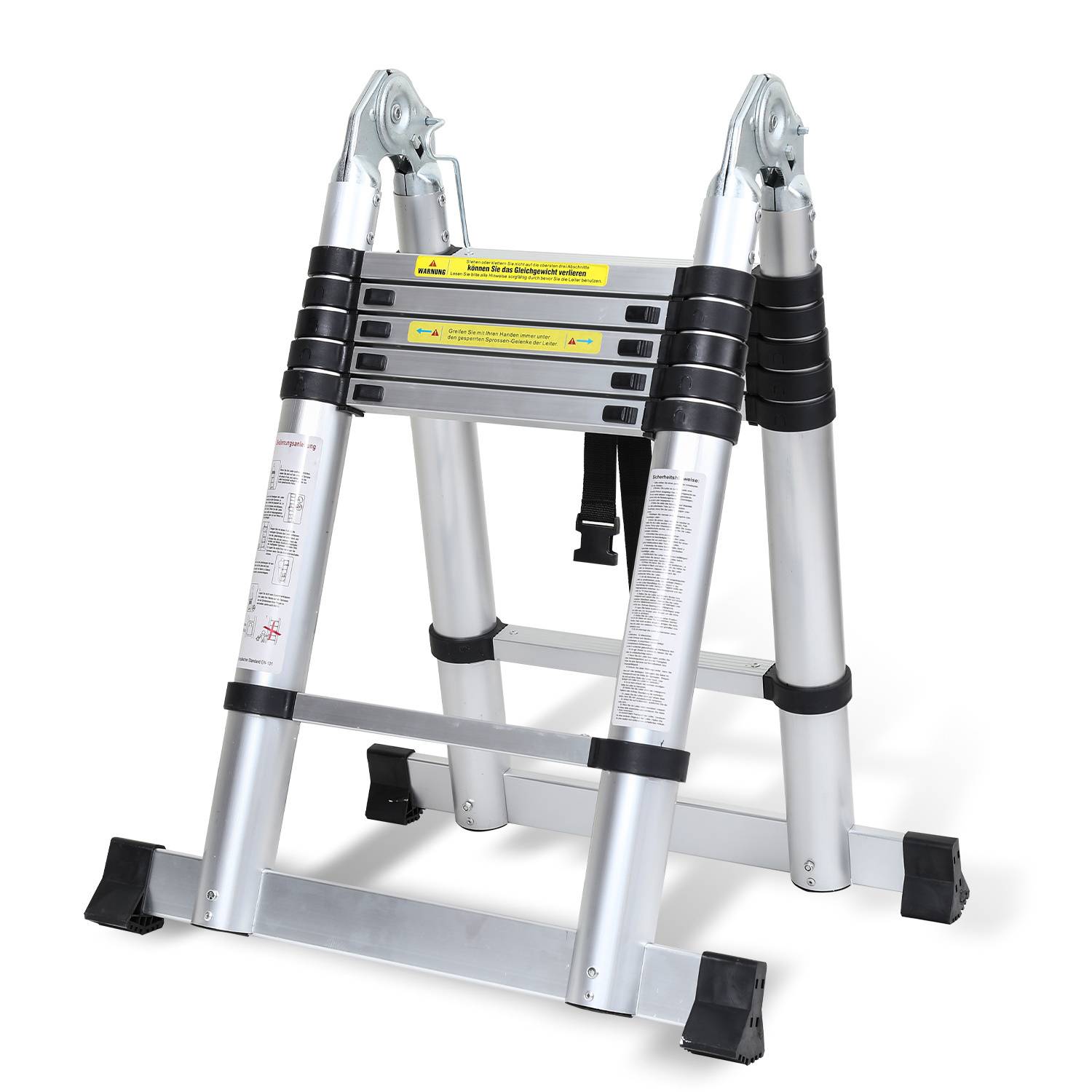 Aluminium Teleskopleiter 3,8M Silber, Leiter Ausziehbar Klappleiter, Mehrzweckleiter, Stehleiter, Haushaltsleiter, Außenleiter, 150 kg Belastbarkeit