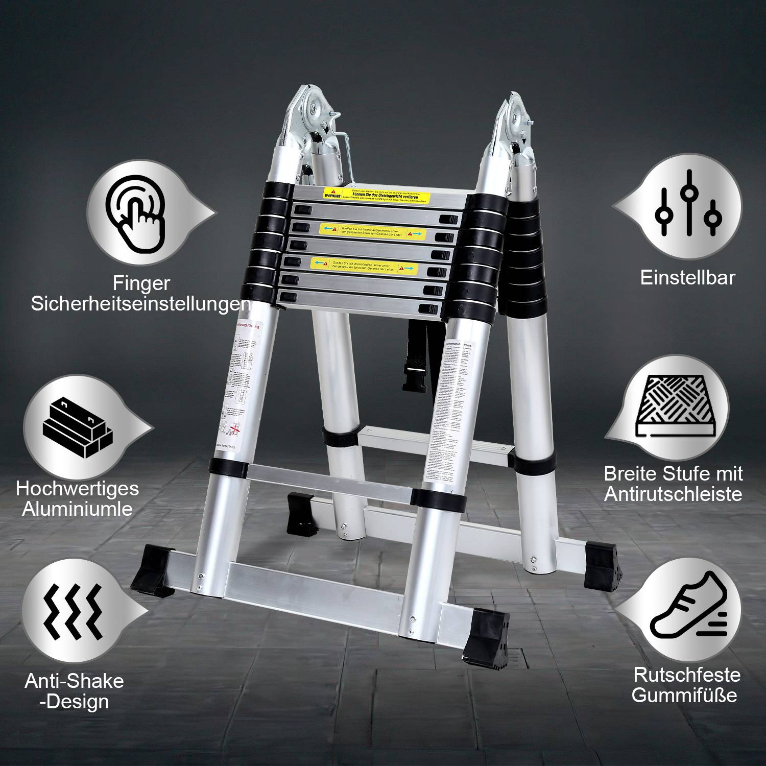 Aluminium Teleskopleiter 3,8M Silber, Leiter Ausziehbar Klappleiter, Mehrzweckleiter, Stehleiter, Haushaltsleiter, Außenleiter, 150 kg Belastbarkeit
