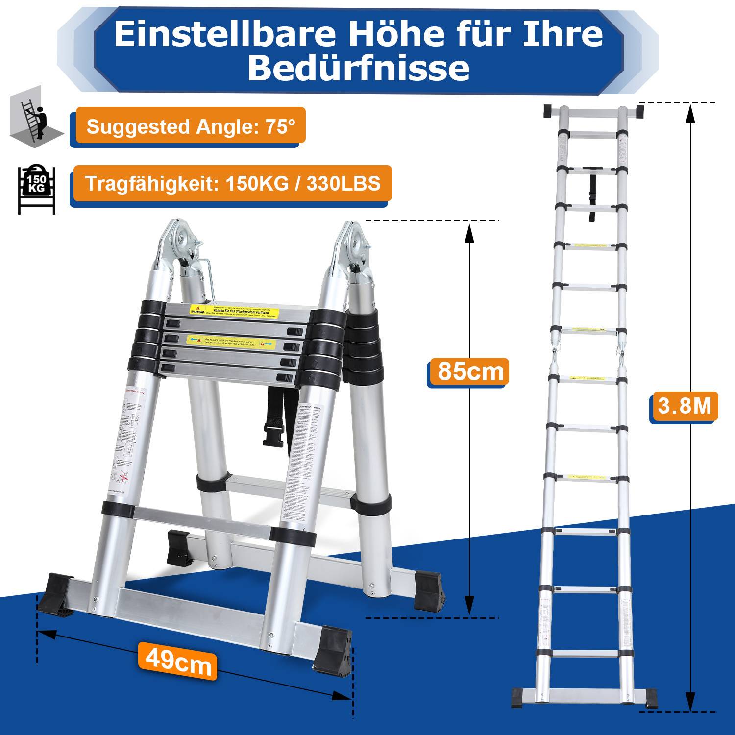 Aluminium Teleskopleiter 3,8M Silber, Leiter Ausziehbar Klappleiter, Mehrzweckleiter, Stehleiter, Haushaltsleiter, Außenleiter, 150 kg Belastbarkeit