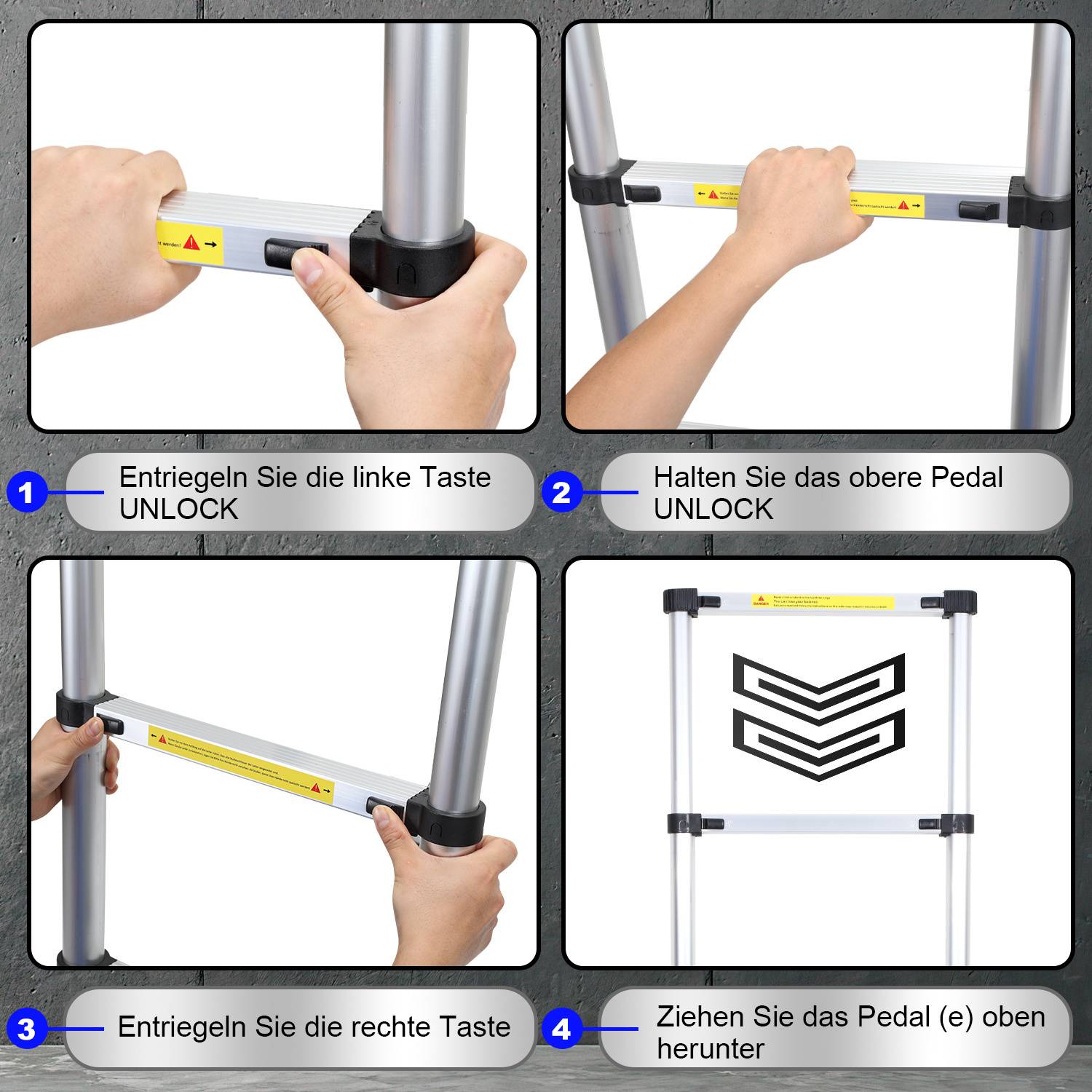 Aluminium Teleskopleiter 5M Silber, Leiter Ausziehbar Klappleiter, Mehrzweckleiter, Stehleiter, Haushaltsleiter, Außenleiter, 150 kg Belastbarkeit