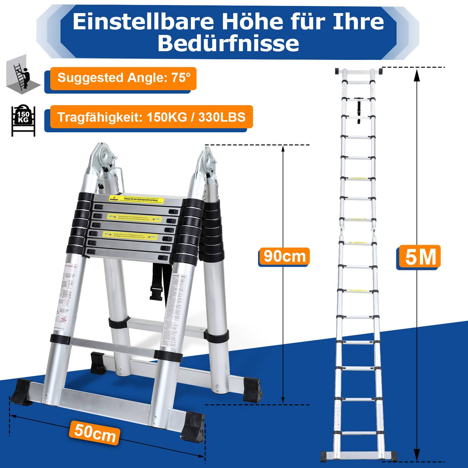 Aluminium Teleskopleiter 5M Silber, Leiter Ausziehbar Klappleiter, Mehrzweckleiter, Stehleiter, Haushaltsleiter, Außenleiter, 150 kg Belastbarkeit