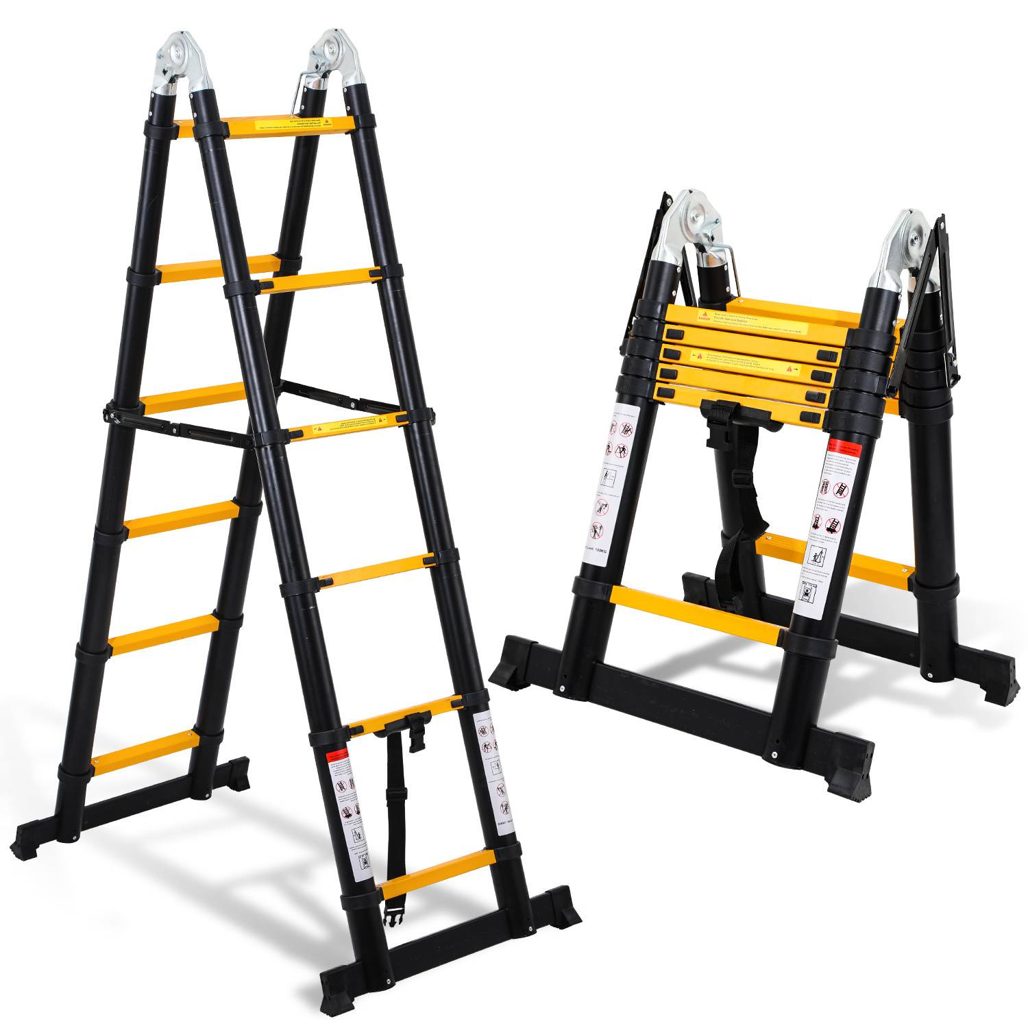 Aluminium Teleskopleiter 3,8M schwarz, Leiter Ausziehbar Klappleiter, Mehrzweckleiter, Stehleiter, Haushaltsleiter, Außenleiter, 150 kg