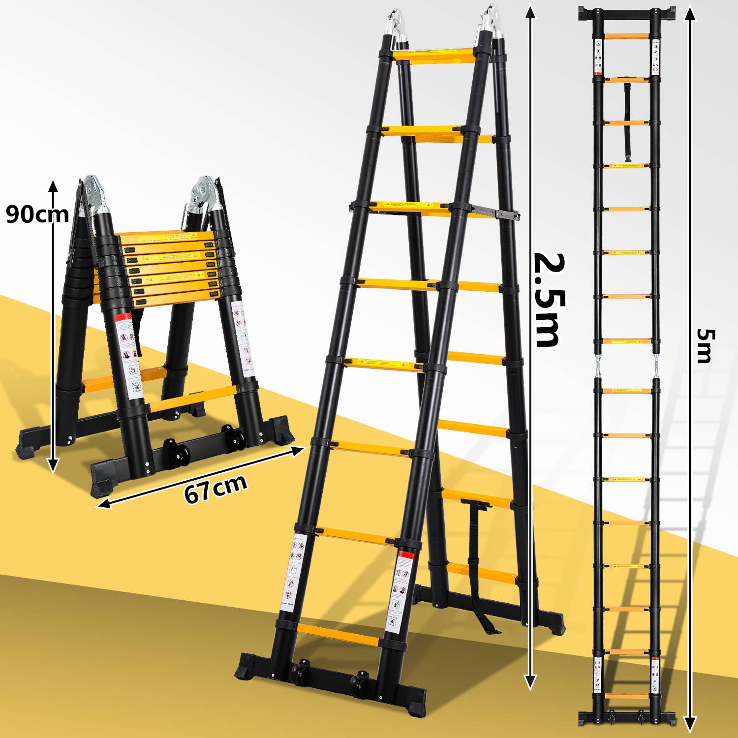 Aluminium Teleskopleiter 5M schwarz, Leiter Ausziehbar Klappleiter, Mehrzweckleiter, Stehleiter, Haushaltsleiter, Außenleiter, 150 kg Belastbarkeit