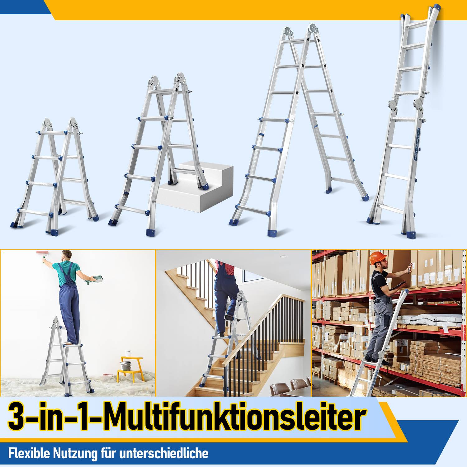 Profi Teleskopleiter 2,4M Silber Aluminium 150kg Tragkraft Mehrzweckleiter rutschfeste Gummifüße