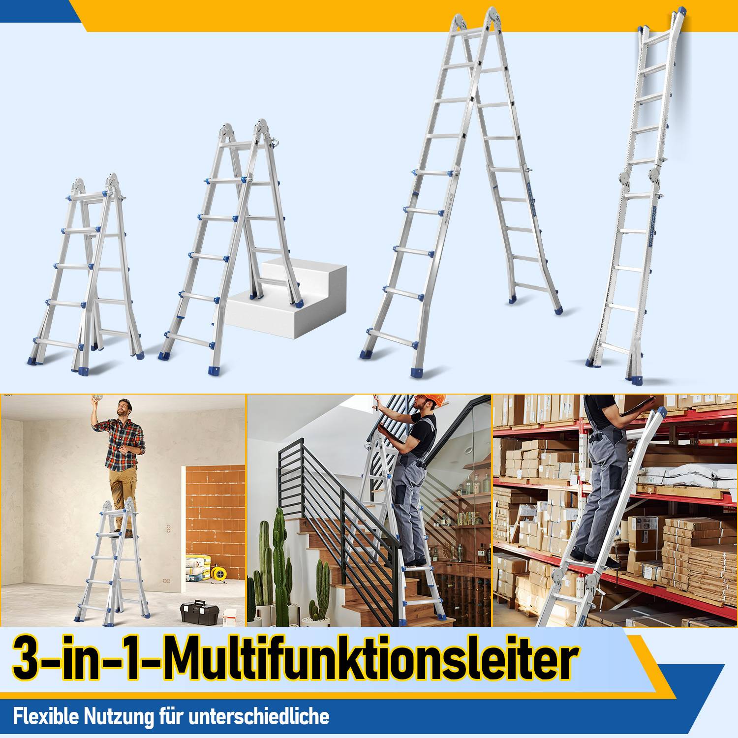 Profi Teleskopleiter 3M Silber Aluminium 150kg Tragkraft Mehrzweckleiter rutschfeste Gummifüße