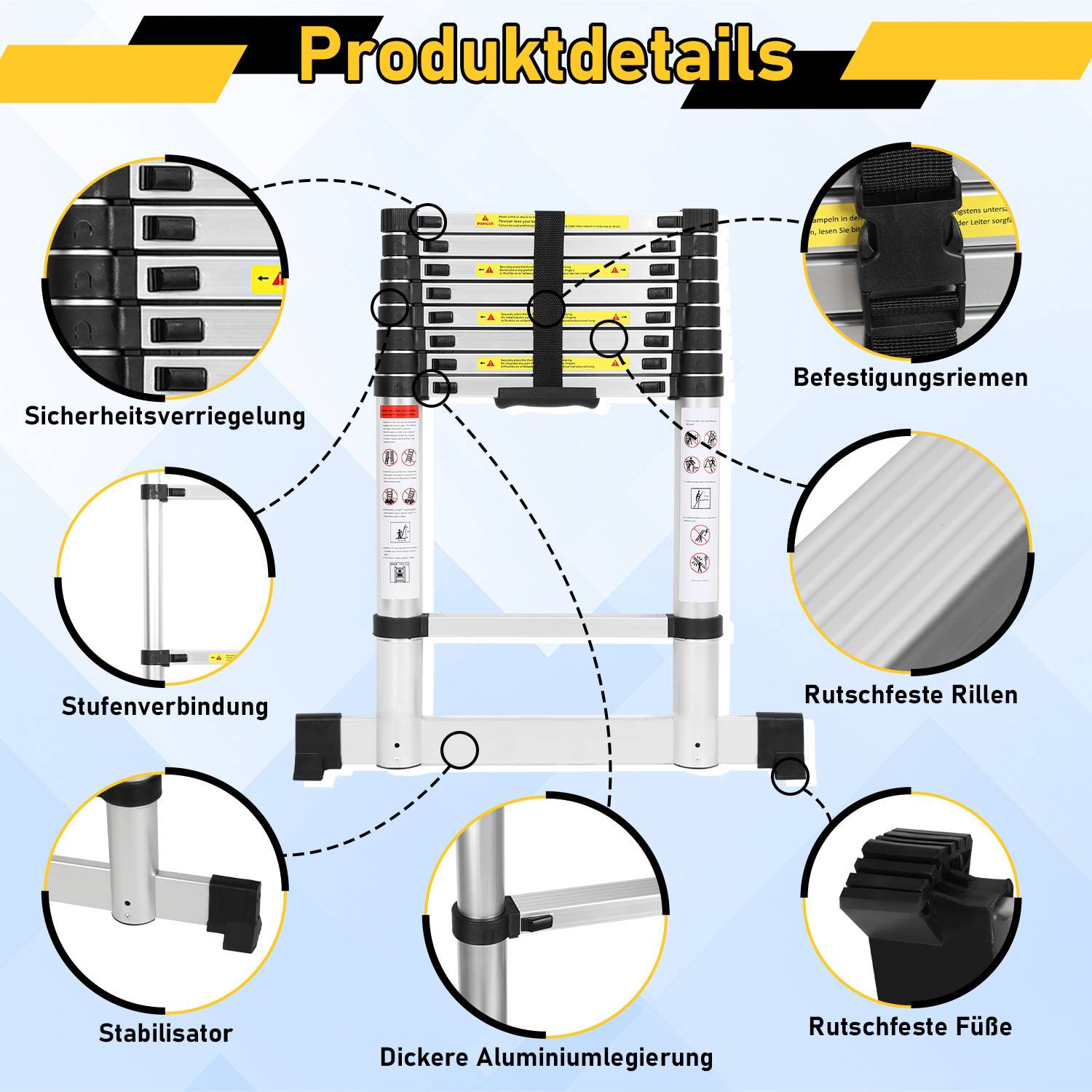 Premium Alu Teleskopleiter Ausziehleiter Klappleiter Höhe 5M Antirutsch Mehrzweckleiter mit Stabilisator