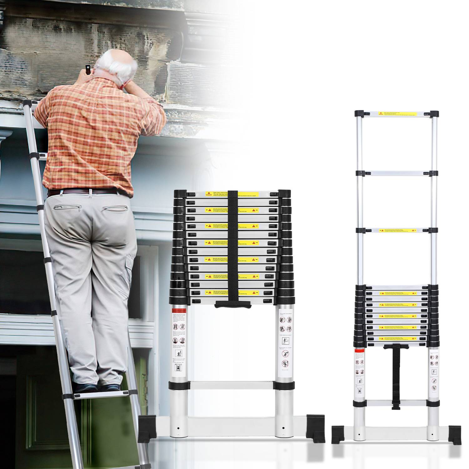 Aluminium Teleskopleiter 4,4M, Leiter Ausziehbar mit Stabilisator, Klappleiter, Mehrzweckleiter, Stehleiter, Haushaltsleiter, Außenleiter, 150 kg
