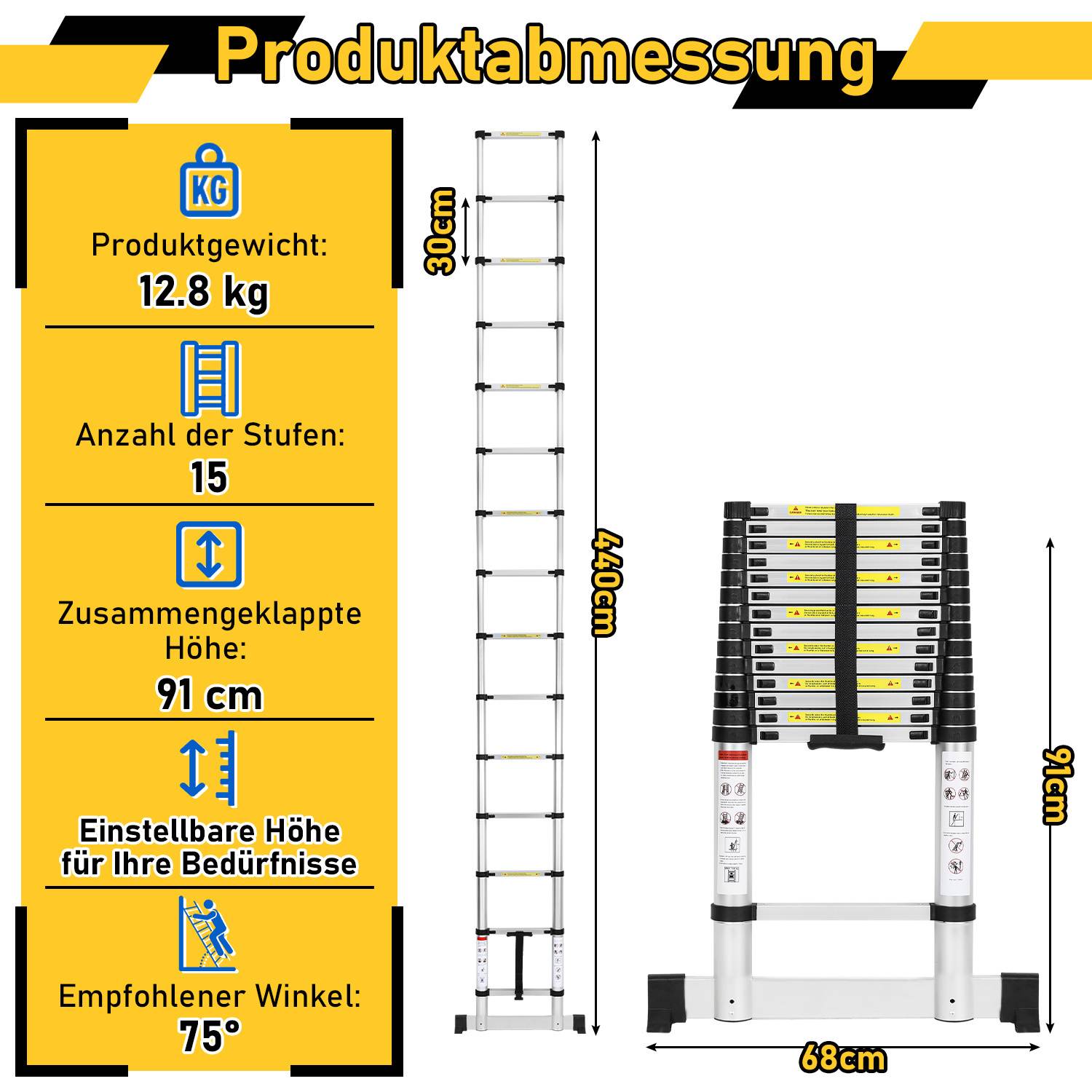 Aluminium Teleskopleiter 4,4M, Leiter Ausziehbar mit Stabilisator, Klappleiter, Mehrzweckleiter, Stehleiter, Haushaltsleiter, Außenleiter, 150 kg