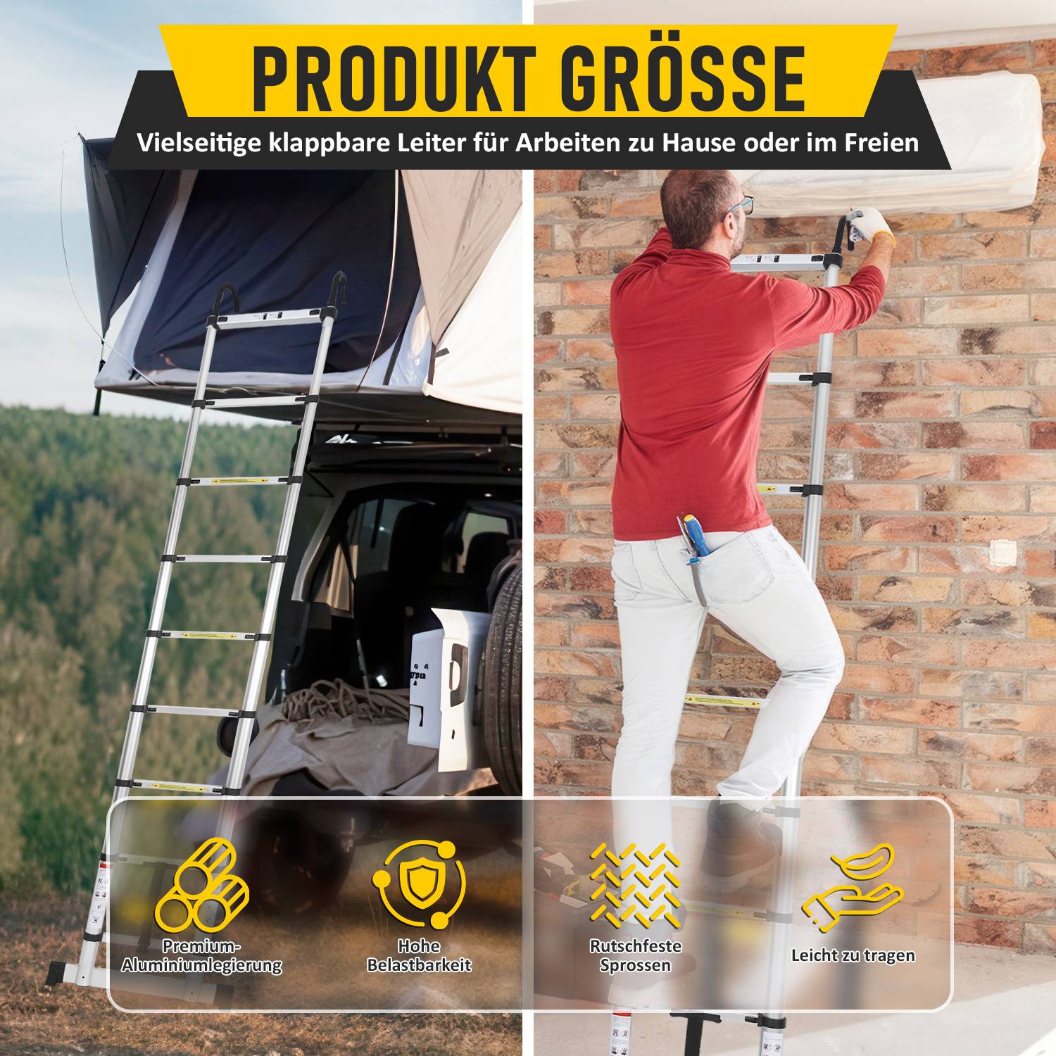 Aluminium Teleskopleiter 3,2M Silber, Leiter Ausziehbar mit Stabilisator und Abnehmbaren Haken, Klappleiter, Mehrzweckleiter, Stehleiter