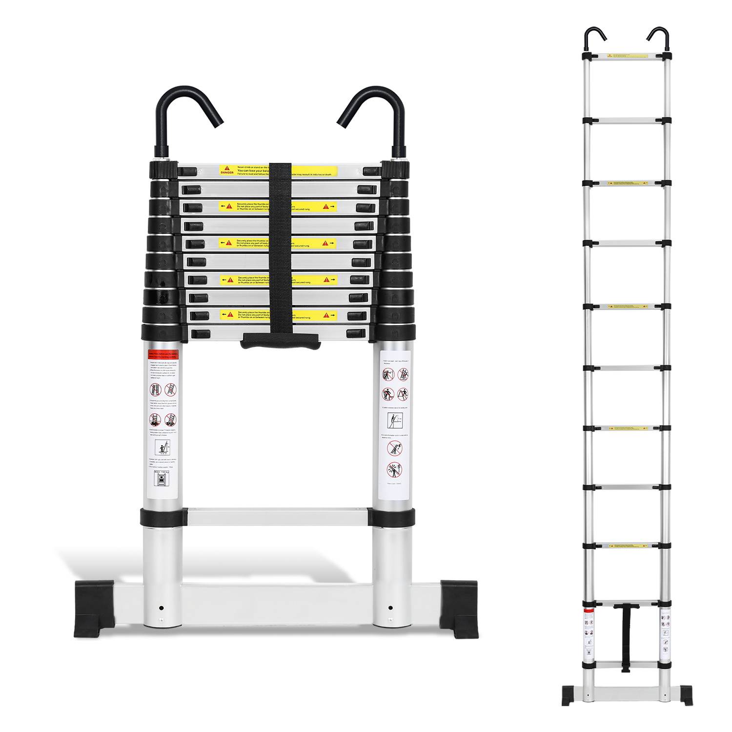 Aluminium Teleskopleiter 3,2M Silber, Leiter Ausziehbar mit Stabilisator und Abnehmbaren Haken, Klappleiter, Mehrzweckleiter, Stehleiter