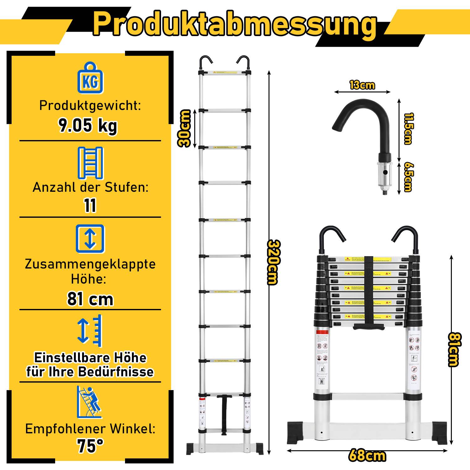 Profi Teleskopleiter 3,2M Silber Aluminium 150kg Tragkraft Mehrzweckleiter rutschfeste Gummifüße mit Stabilisator und Abnehmbaren Haken