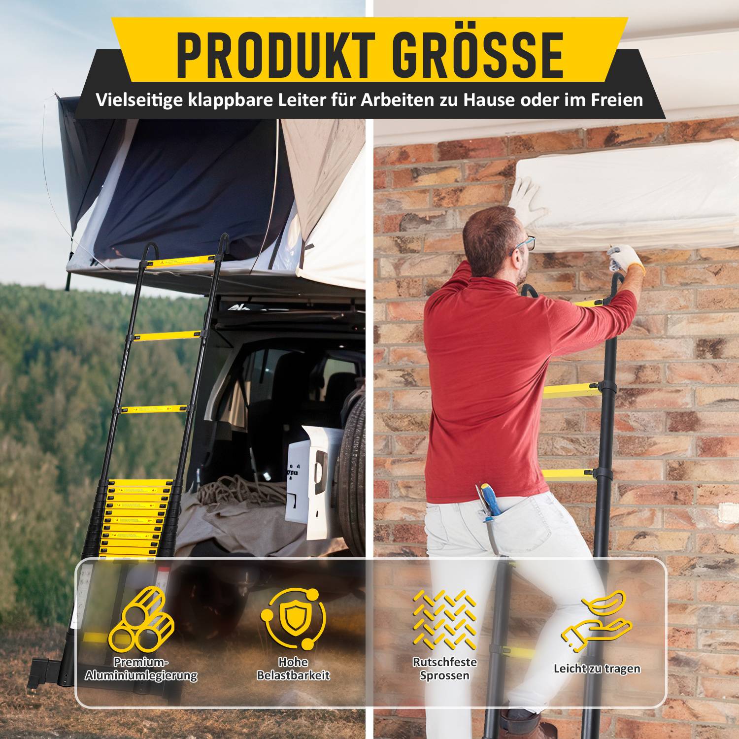 Aluminium Teleskopleiter 3,2M schwarz, Leiter Ausziehbar mit Stabilisator und Abnehmbaren Haken, Klappleiter, Mehrzweckleiter, Stehleiter