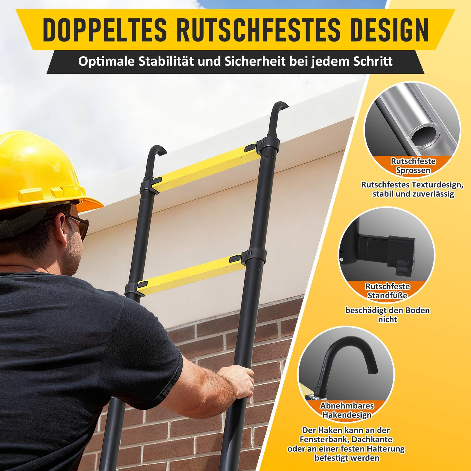 Aluminium Teleskopleiter 3,2M schwarz, Leiter Ausziehbar mit Stabilisator und Abnehmbaren Haken, Klappleiter, Mehrzweckleiter, Stehleiter