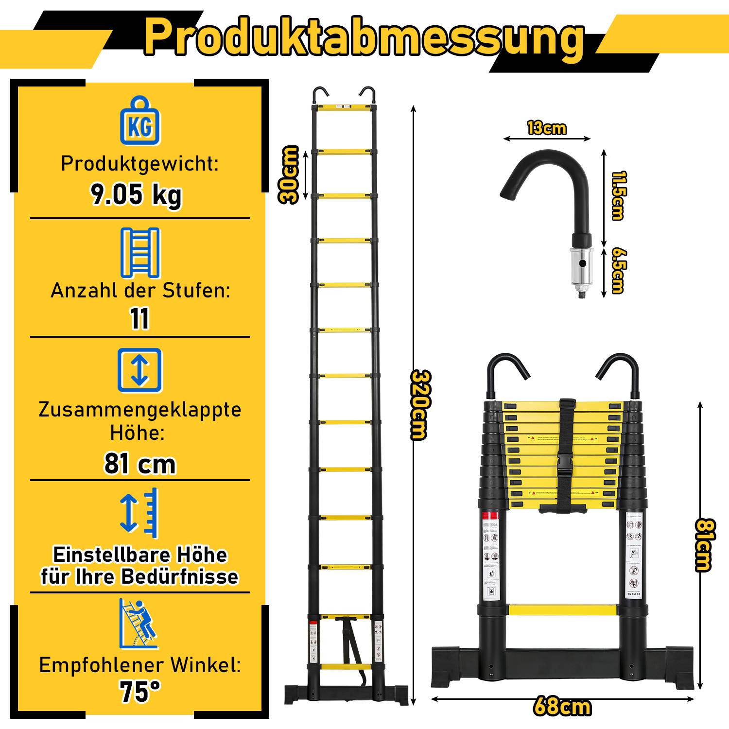 Aluminium Teleskopleiter 3,2M schwarz, Leiter Ausziehbar mit Stabilisator und Abnehmbaren Haken, Klappleiter, Mehrzweckleiter, Stehleiter