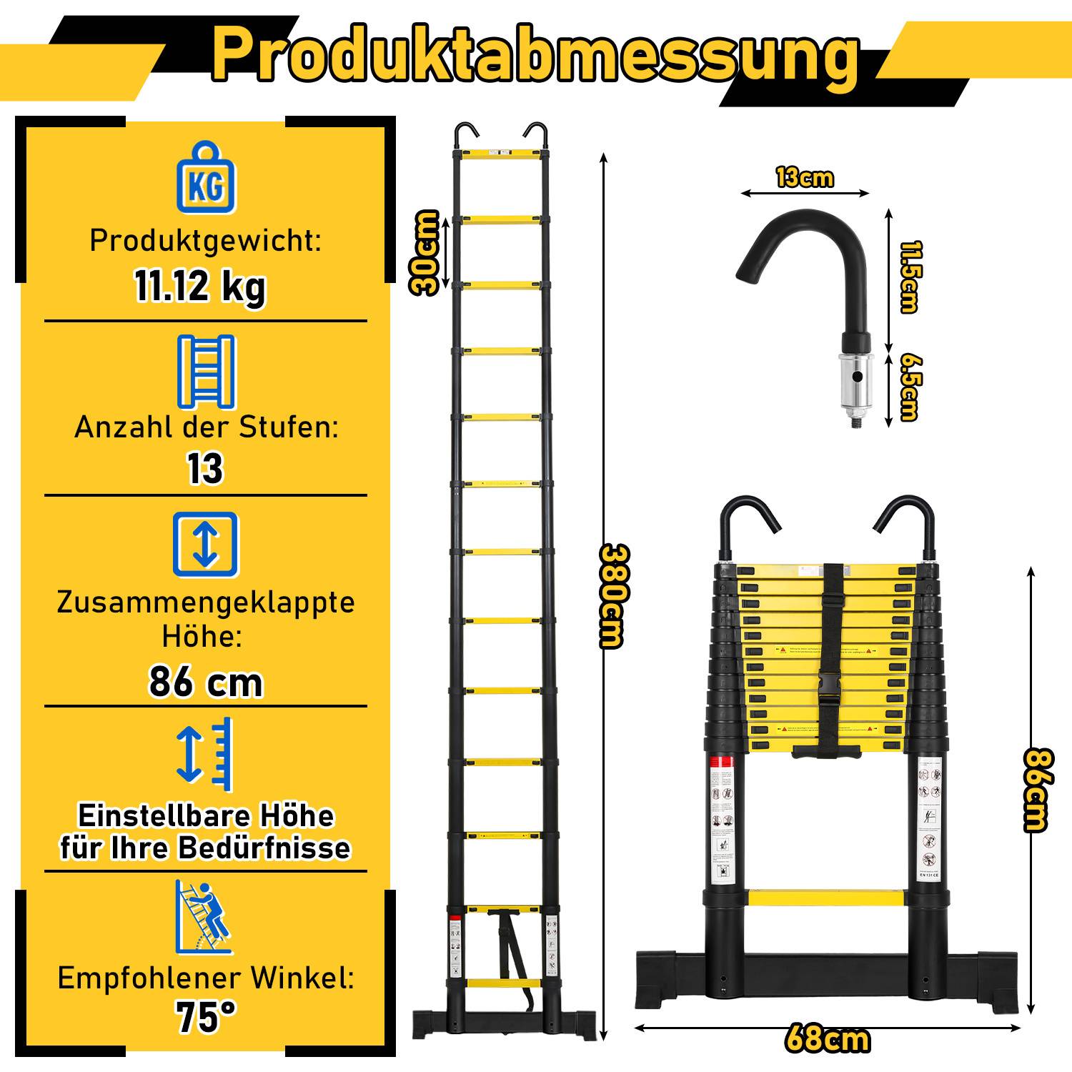Profi Teleskopleiter 3,8M schwarz Aluminium 150kg Tragkraft Mehrzweckleiter rutschfeste Gummifüße mit Stabilisator und Abnehmbaren Haken