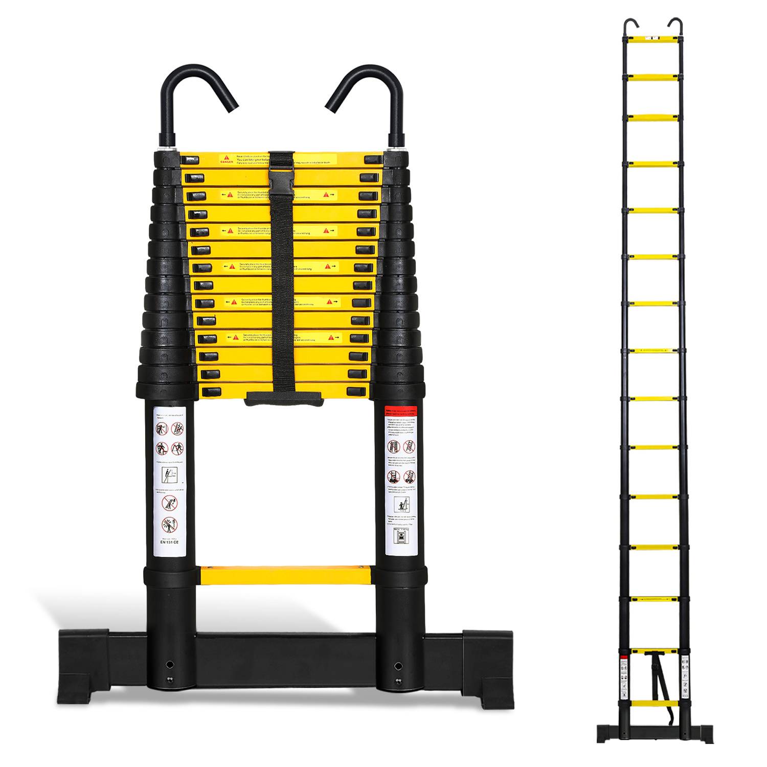 Aluminium Teleskopleiter 4,4M schwarz, Leiter Ausziehbar mit Stabilisator und Abnehmbaren Haken, Klappleiter, Mehrzweckleiter, Stehleiter
