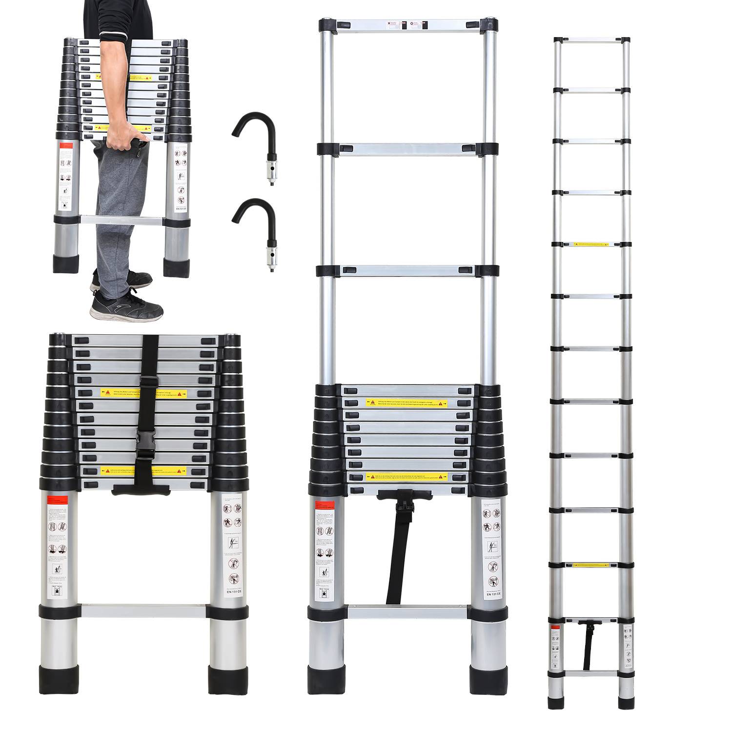Profi Teleskopleiter 3,8M Silber Aluminium 150kg Tragkraft Mehrzweckleiter rutschfeste Gummifüße mit Abnehmbaren Haken