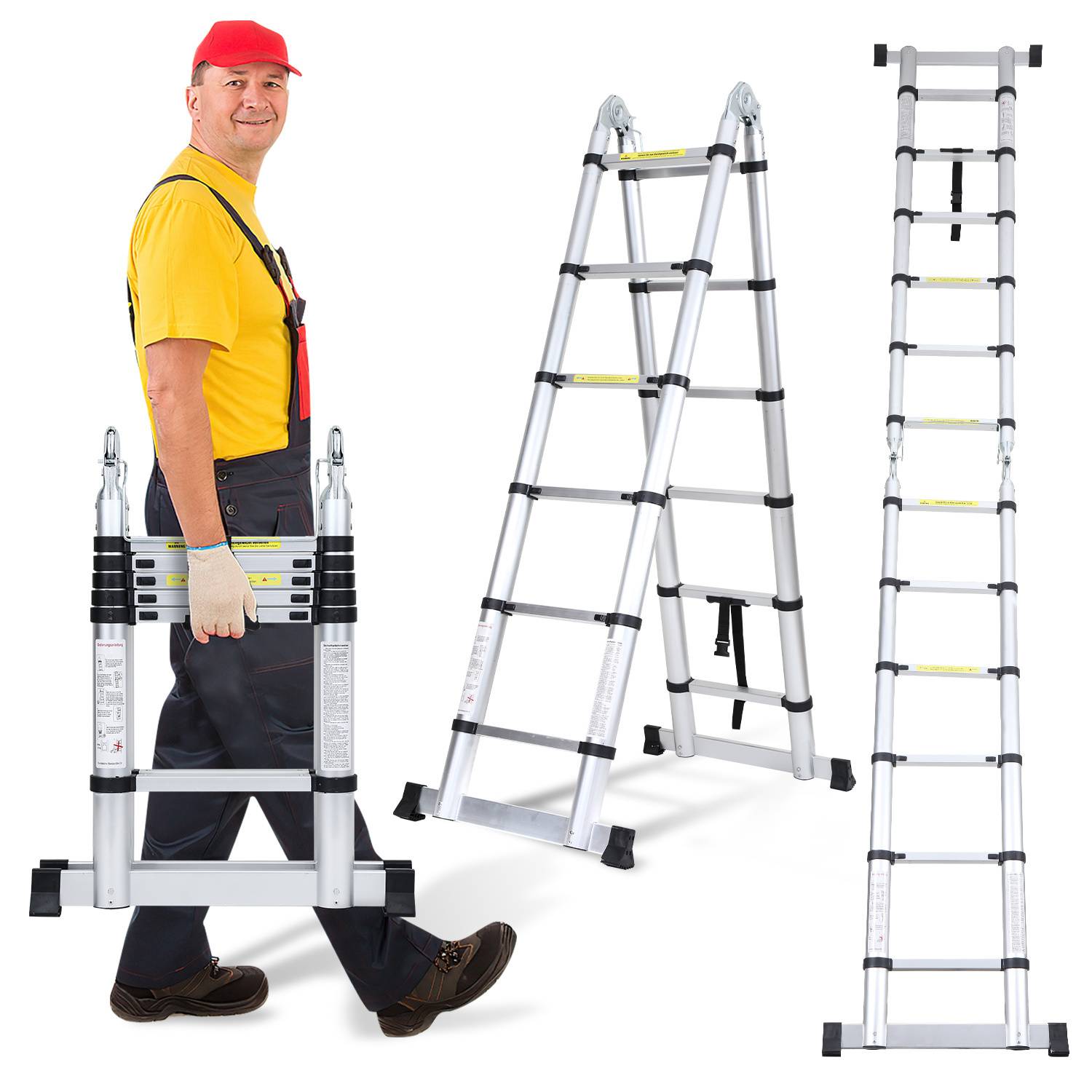Profi Teleskopleiter 3,8M Silber Aluminium 150kg Tragkraft Mehrzweckleiter rutschfeste Gummifüße