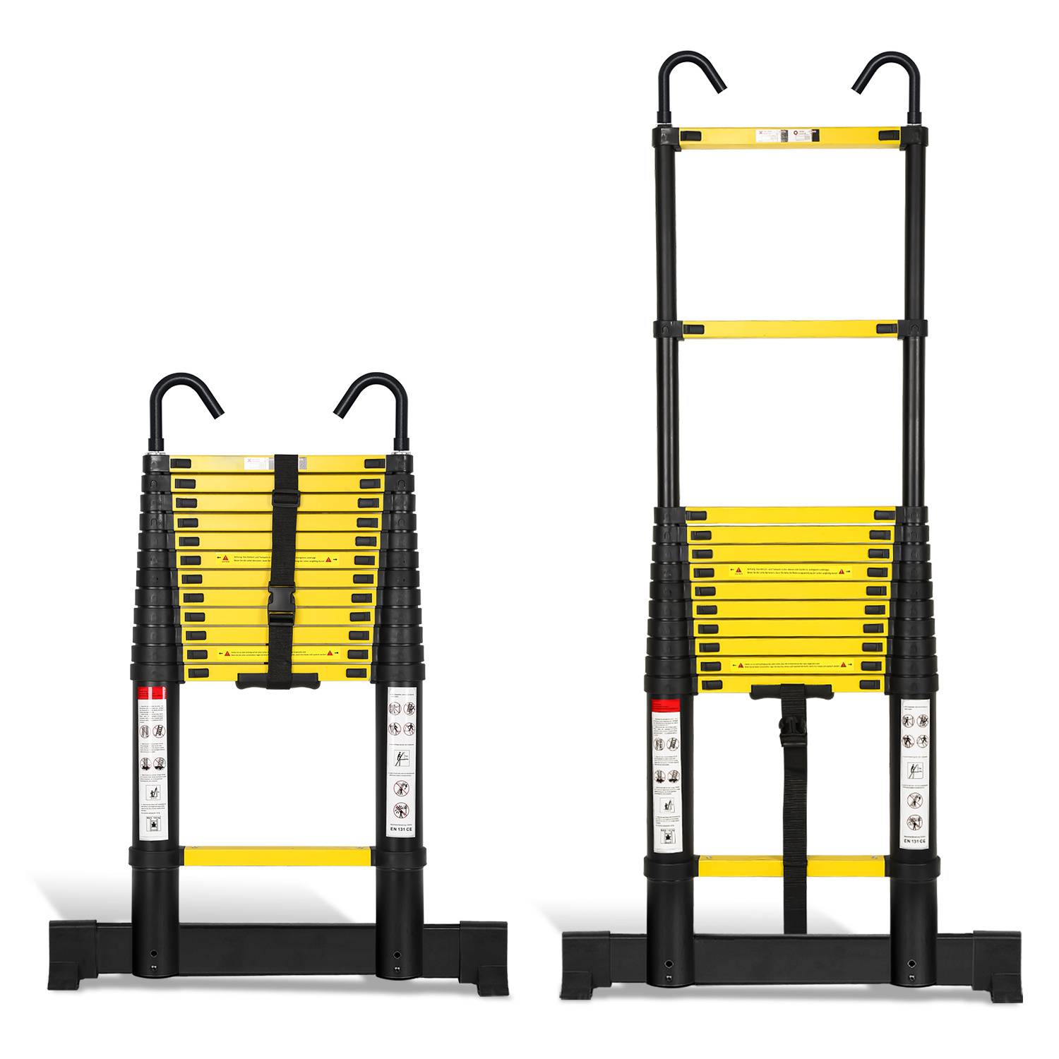 Profi Teleskopleiter 3,8M schwarz Aluminium 150kg Tragkraft Mehrzweckleiter rutschfeste Gummifüße mit Stabilisator und Abnehmbaren Haken