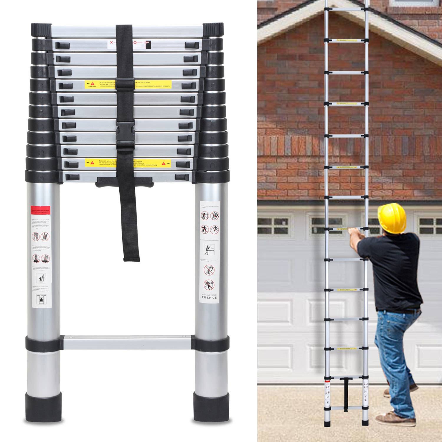Premium Alu Teleskopleiter Ausziehleiter Klappleiter Höhe 5M Antirutsch Mehrzweckleiter