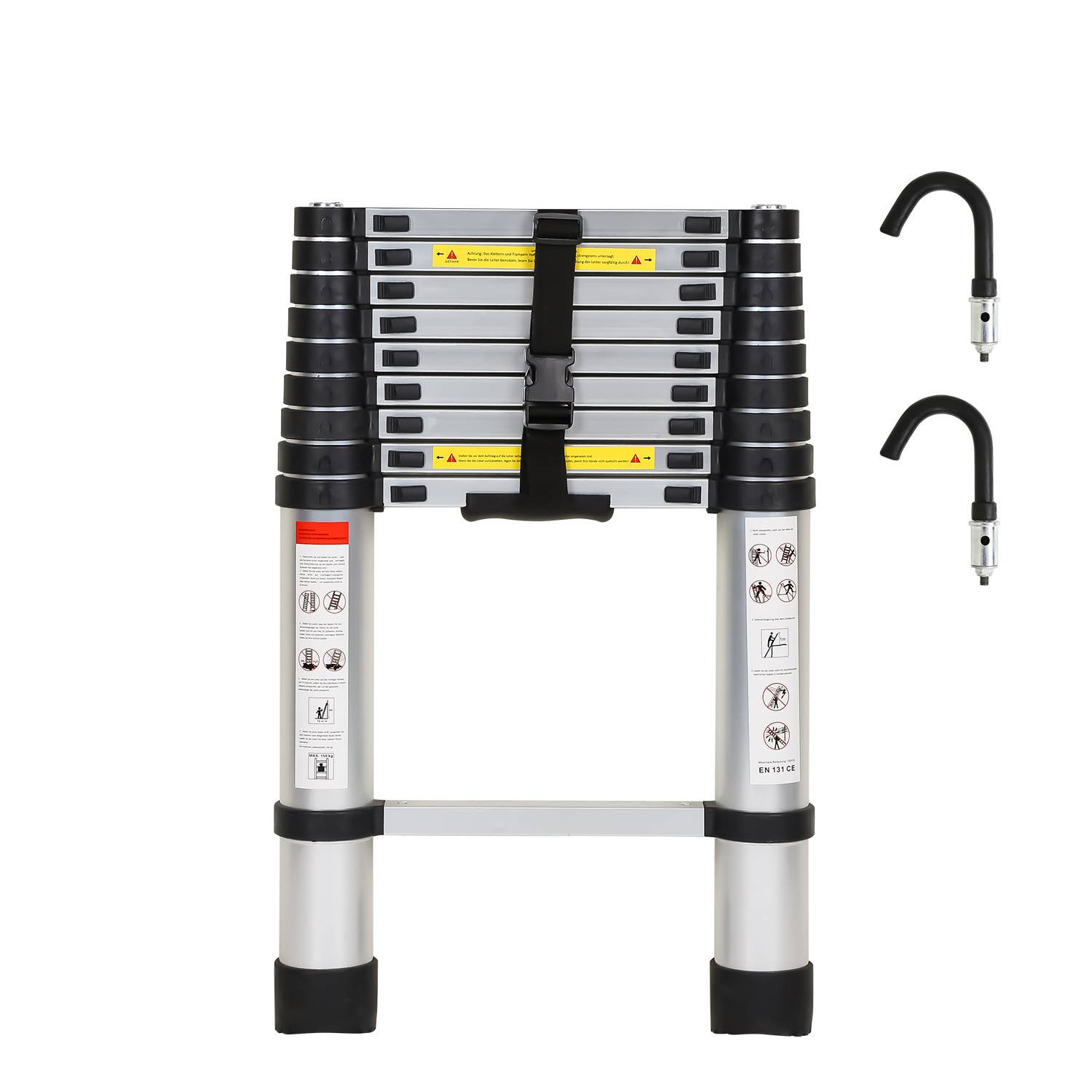 Premium Alu Teleskopleiter Ausziehleiter Klappleiter Höhe 2,6M Silber Antirutsch Mehrzweckleiter mit Abnehmbaren Haken