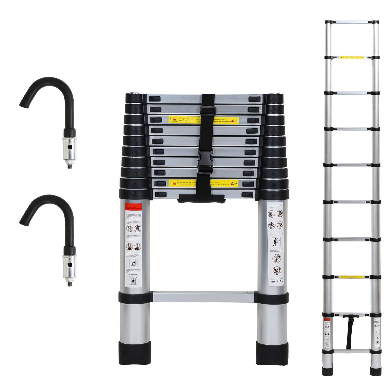 Premium Alu Teleskopleiter Ausziehleiter Klappleiter Höhe 3,2M Silber Antirutsch Mehrzweckleiter mit Abnehmbaren Haken