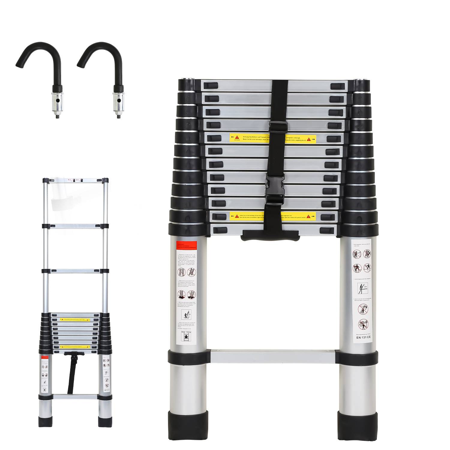 Premium Alu Teleskopleiter Ausziehleiter Klappleiter Höhe 3,8M Silber Antirutsch Mehrzweckleiter mit Abnehmbaren Haken