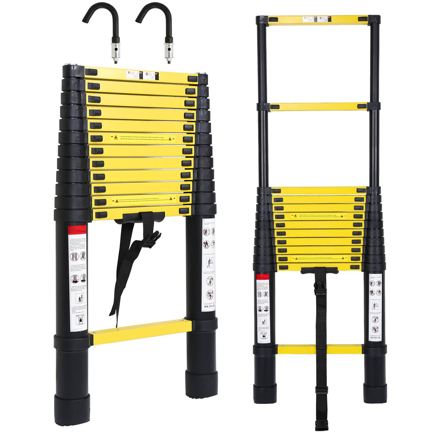 Premium Alu Teleskopleiter Ausziehleiter Klappleiter Höhe 3,8M schwarz Antirutsch Mehrzweckleiter mit Abnehmbaren Haken