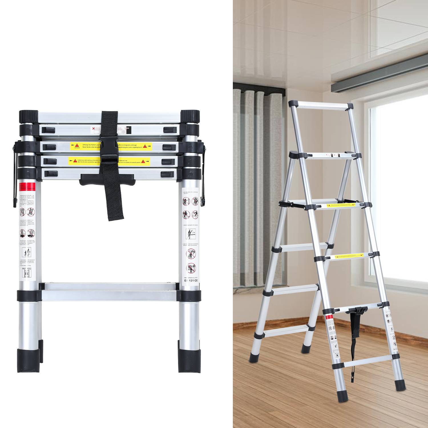 Premium Alu Teleskopleiter Ausziehleiter Klappleiter Höhe 1,7M Silber Antirutsch Mehrzweckleiter