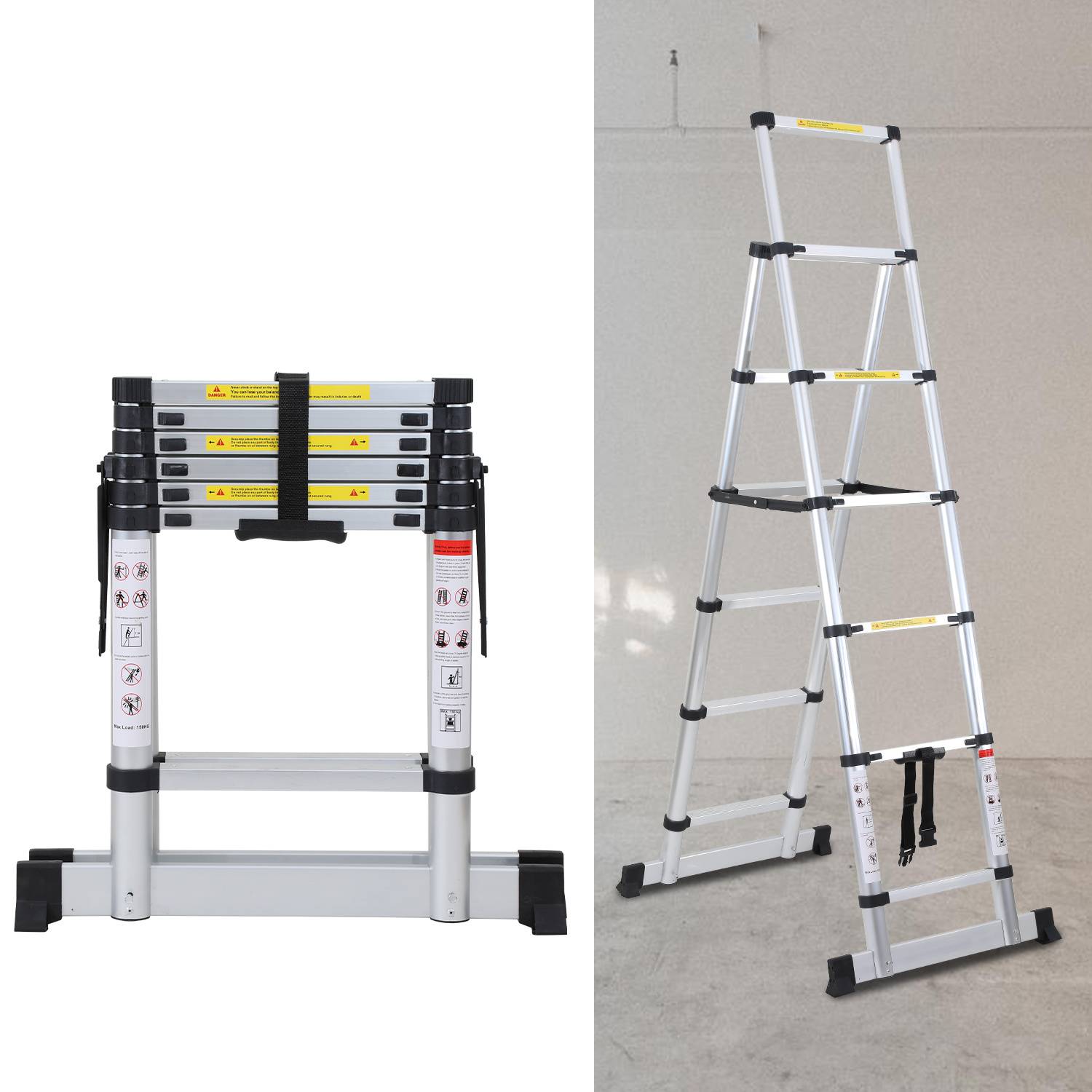 Premium Alu Teleskopleiter Ausziehleiter Klappleiter Höhe 2,0M Silber Antirutsch Mehrzweckleiter