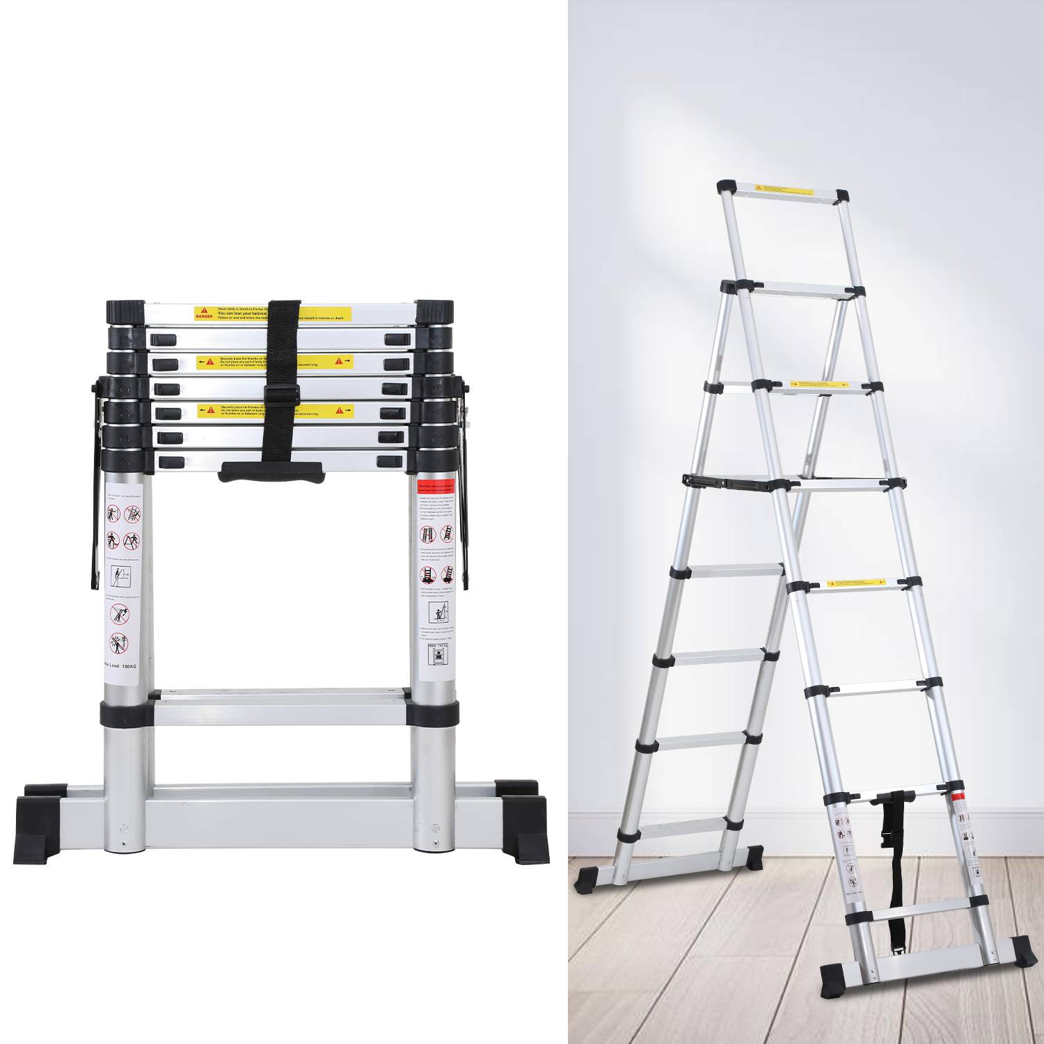 Premium Alu Teleskopleiter Ausziehleiter Klappleiter Höhe 2,3M Silber Antirutsch Mehrzweckleiter