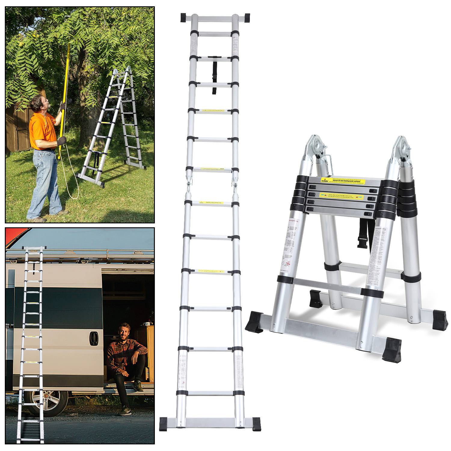 Premium Alu Teleskopleiter Ausziehleiter Klappleiter Höhe 3,8M Silber Antirutsch Mehrzweckleiter