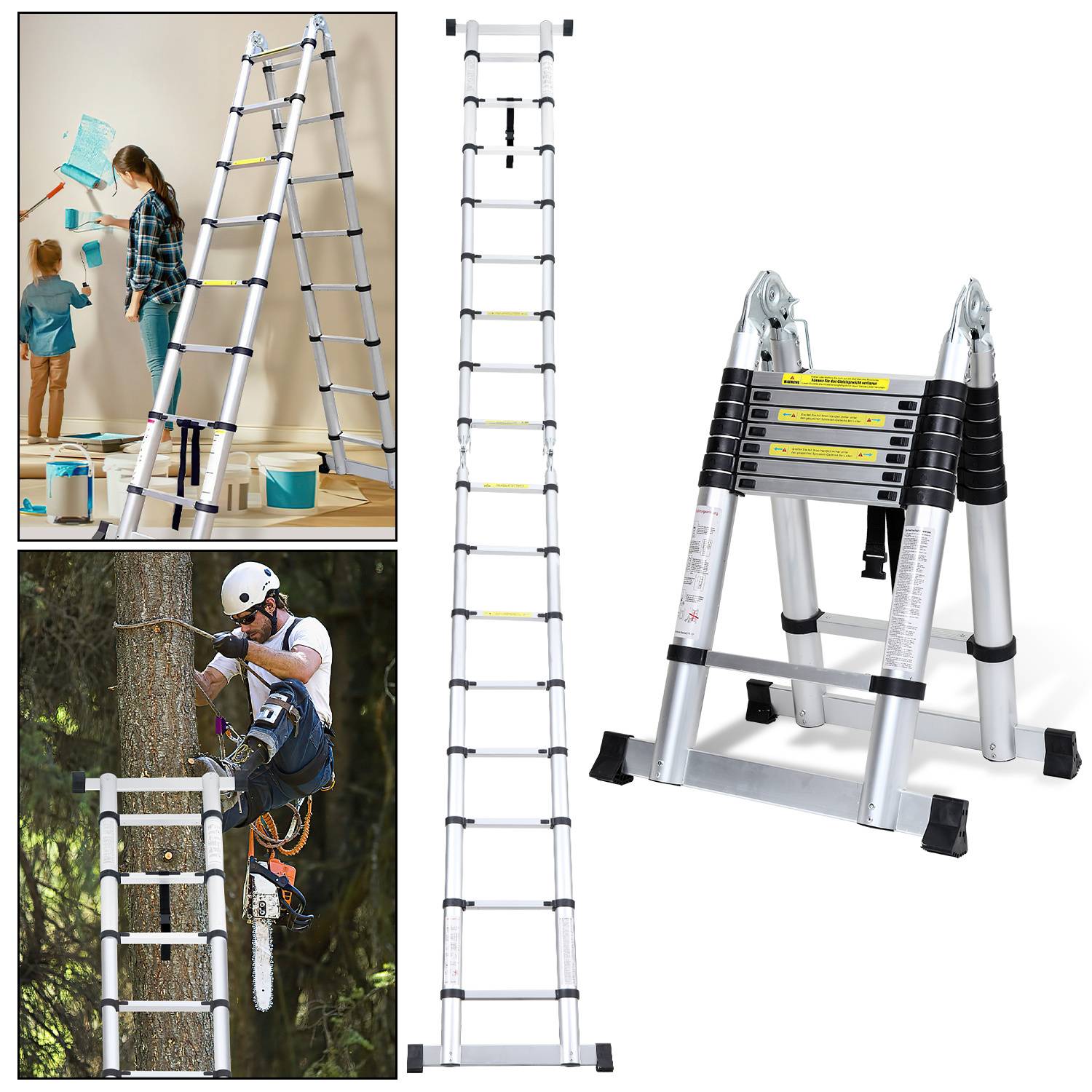Premium Alu Teleskopleiter Ausziehleiter Klappleiter Höhe 5M Silber Antirutsch Mehrzweckleiter