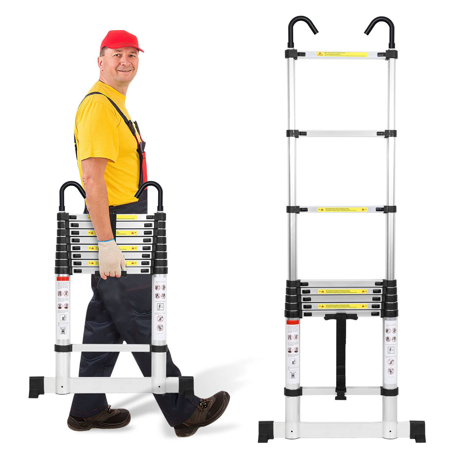 Premium Alu Teleskopleiter Ausziehleiter Klappleiter Höhe 2,6M Silber Antirutsch Mehrzweckleiter mit Stabilisator und Abnehmbaren Haken