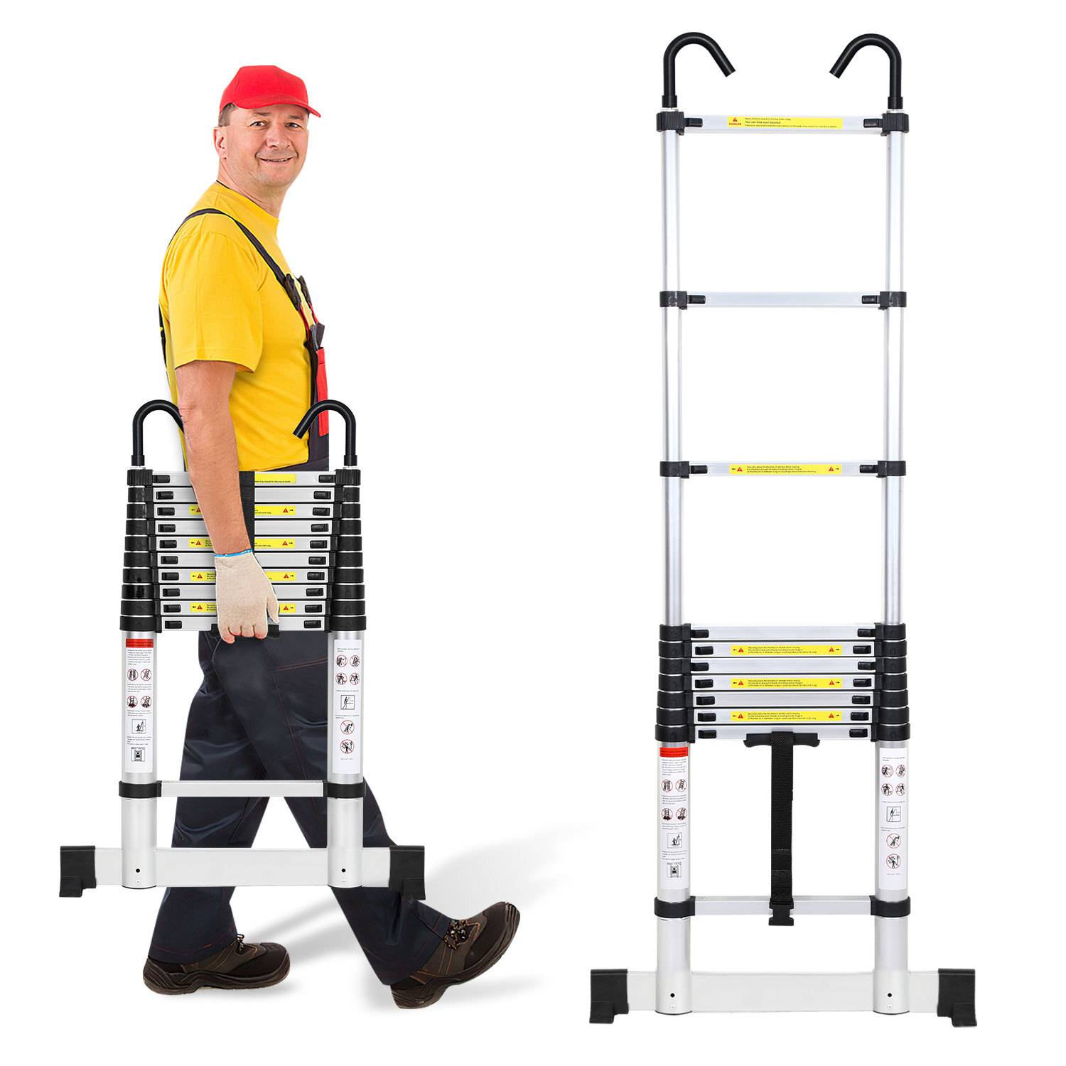 Premium Alu Teleskopleiter Ausziehleiter Klappleiter Höhe 3,2M Silber Antirutsch Mehrzweckleiter mit Stabilisator und Abnehmbaren Haken